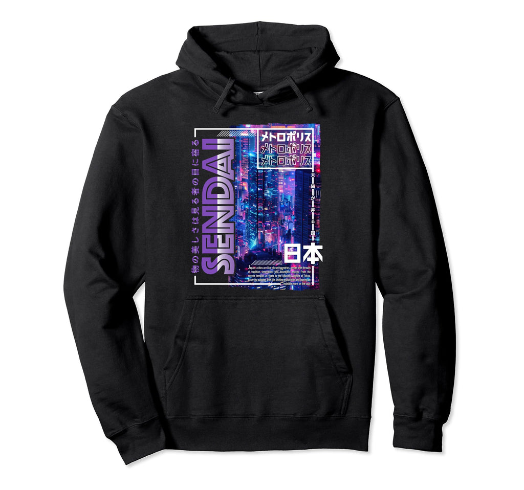 Sendai City 80S Synthwave Skyline Japan Hoodie - Unique Graphic for Adults - T-Shirt, Sweatshirt, Hoodie