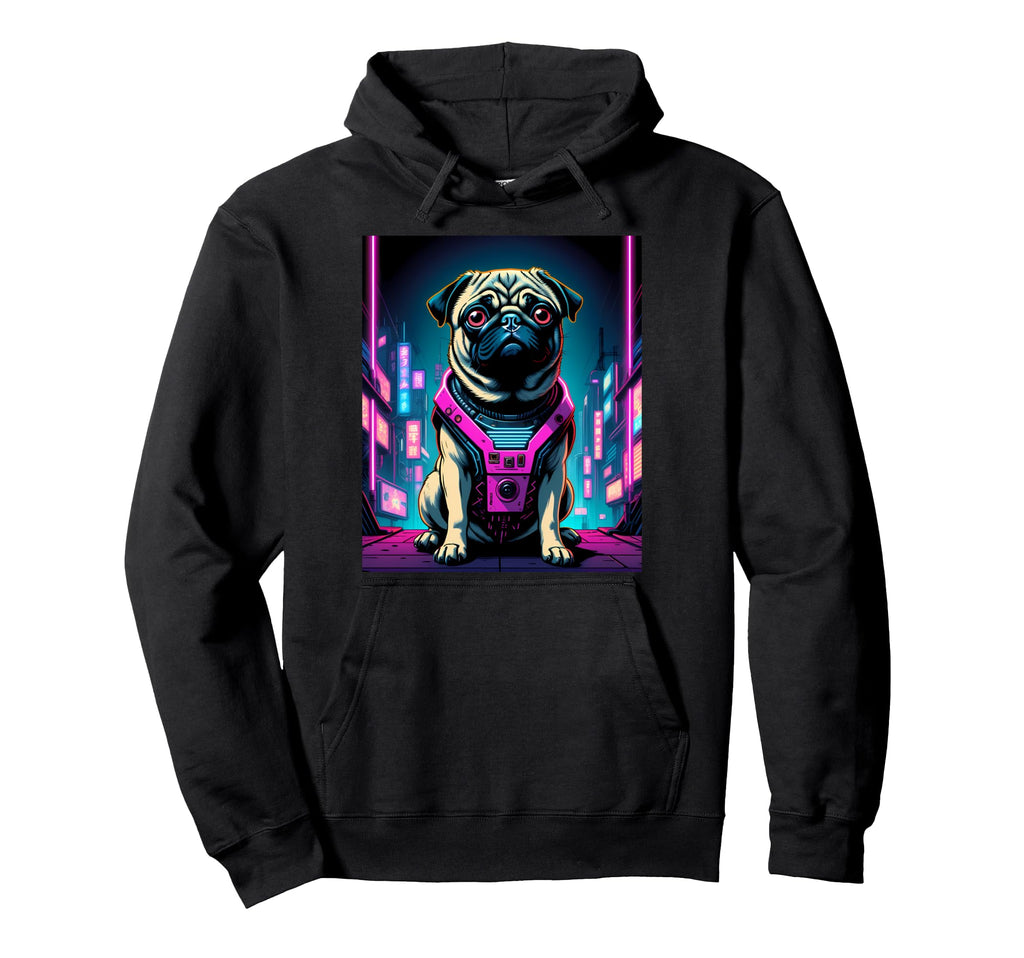 Vaporwave Pug 80S Synthwave Hoodie - Fun Novelty Design Unisex - T-Shirt, Sweatshirt, Hoodie