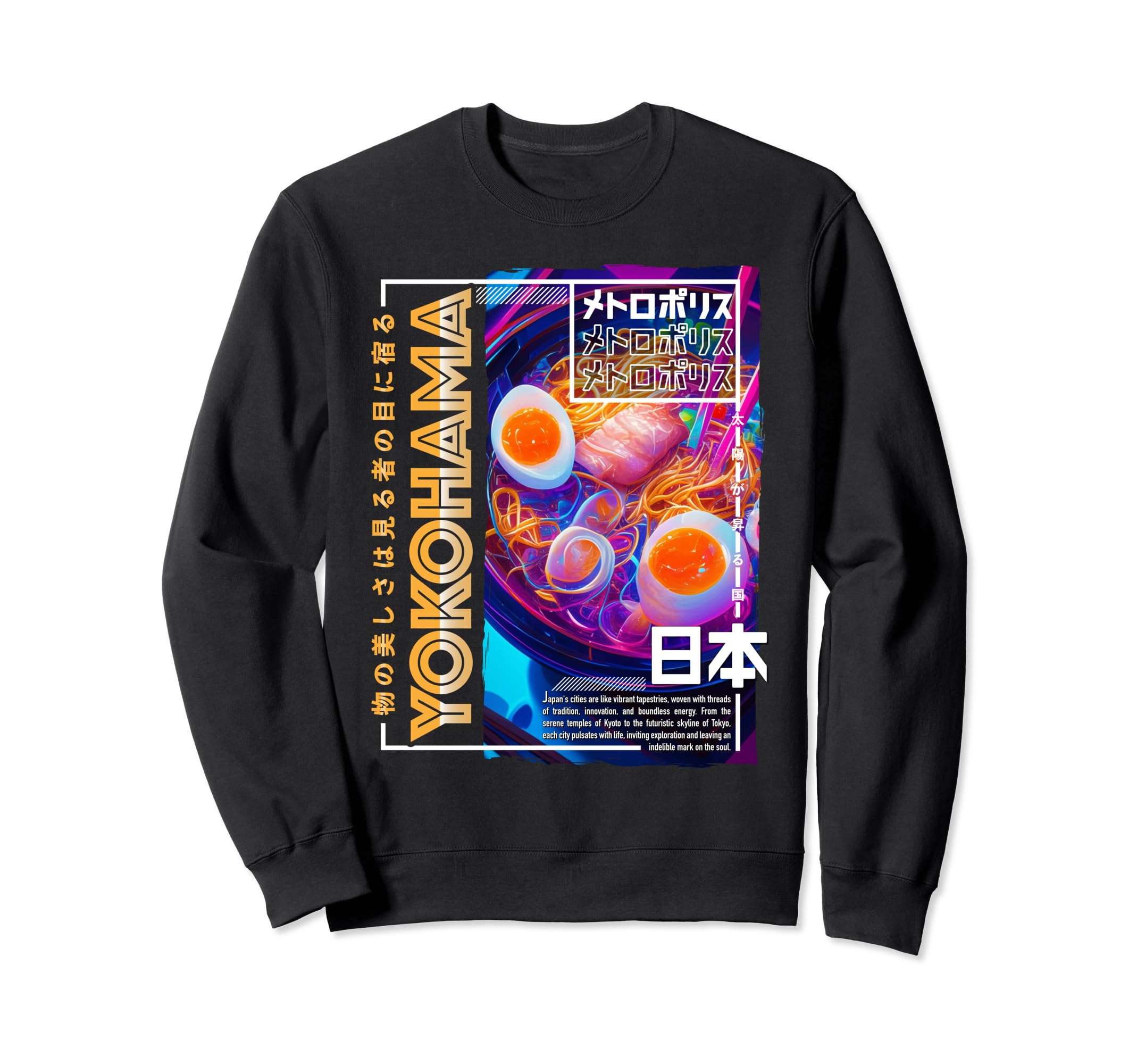 Yokohama City 80S Synthwave Ramen Sweatshirt - Custom Art Print for Adults - T-Shirt, Sweatshirt, Hoodie