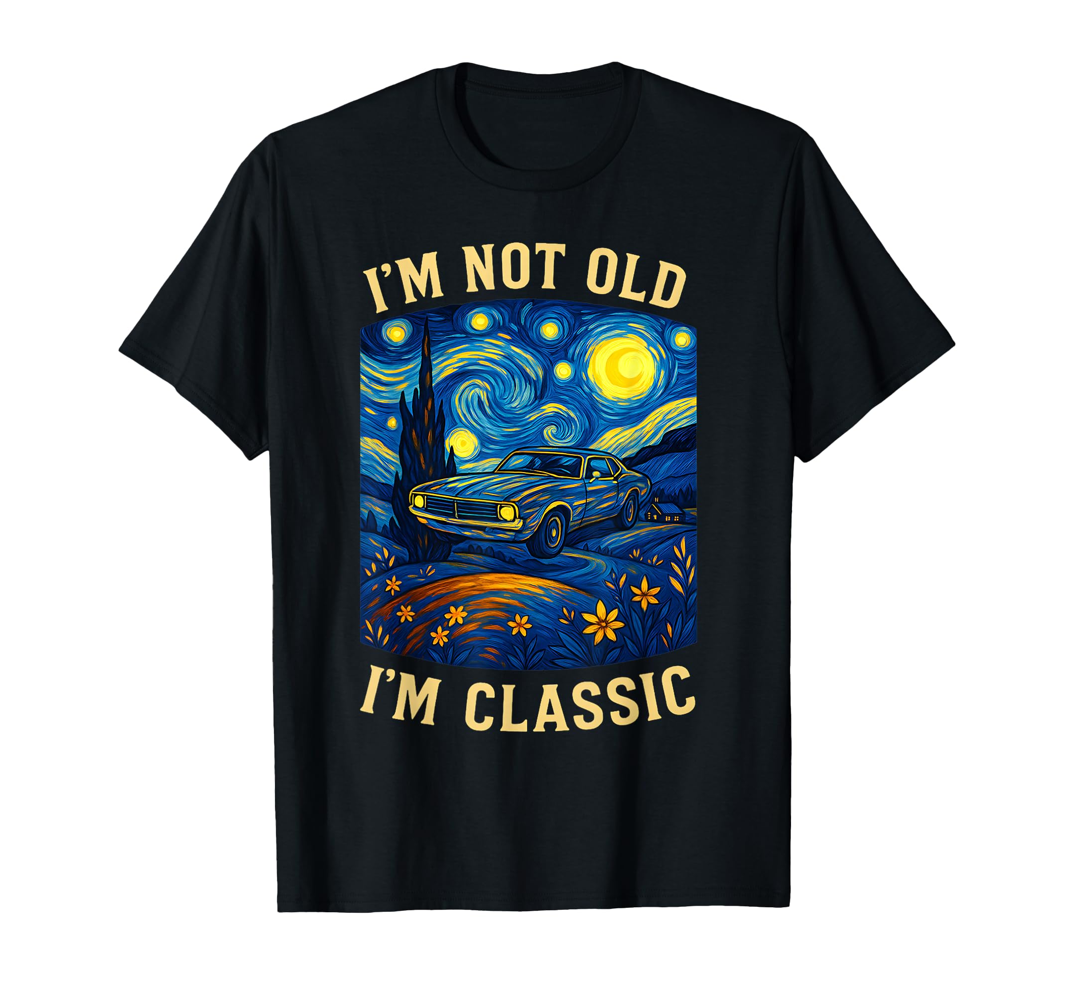 Old People Car Van Gogh Starry Night T-Shirt - Novelty Apparel for Adults - T-Shirt, Sweatshirt, Hoodie