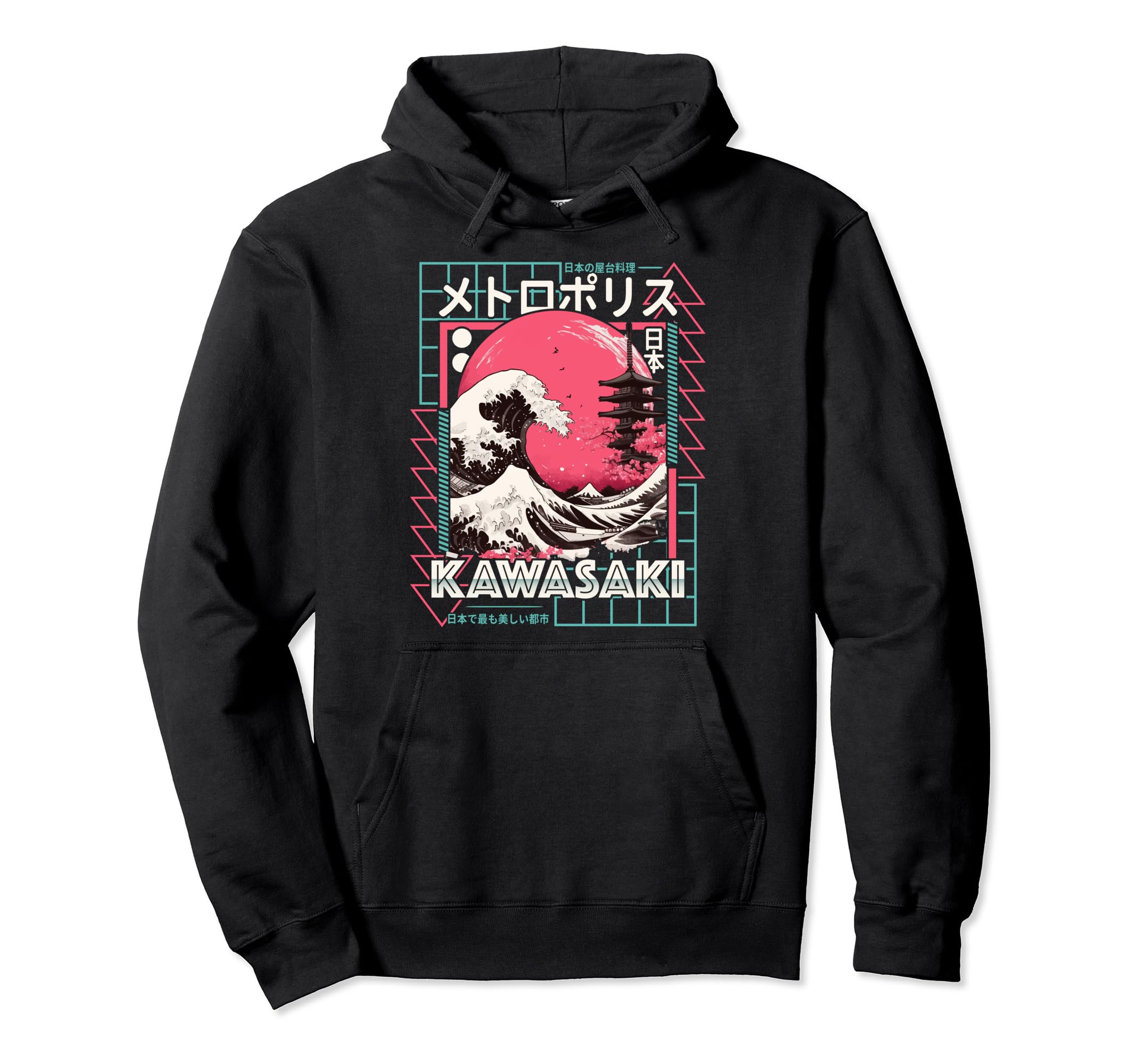 Kawasaki City 80S Synthwave Kanagawa Wave Hoodie - Minimalist Print Unisex - T-Shirt, Sweatshirt, Hoodie