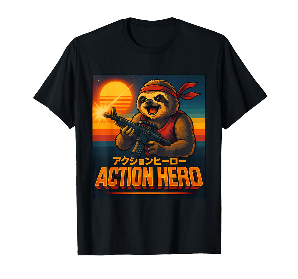Action Hero Sloth Warrior 80S Synthwave T-Shirt - Unique Graphic Men Women - T-Shirt, Sweatshirt, Hoodie