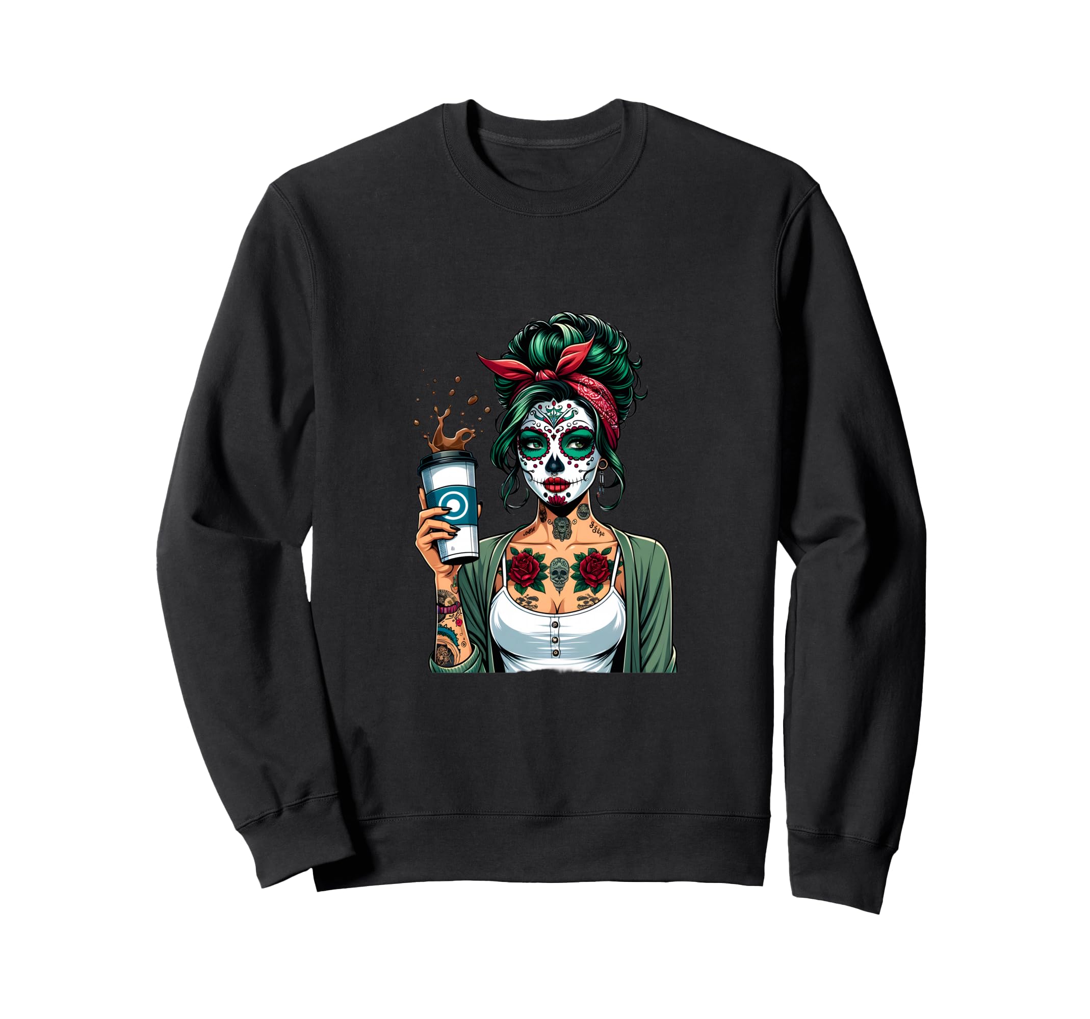 Diva Coffee Skull Make Up Pin Up Sweatshirt - Streetwear Style Unisex - T-Shirt, Sweatshirt, Hoodie