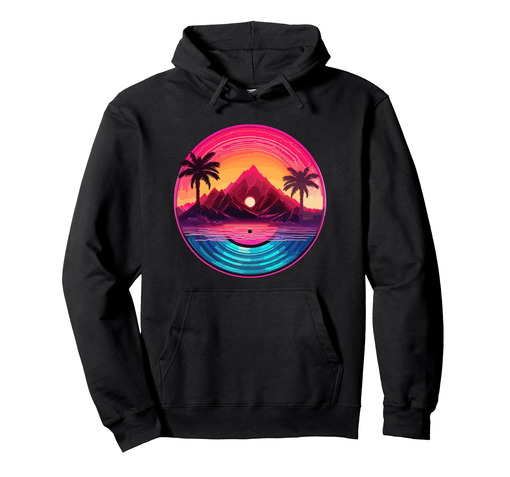 Palm Tree Vinyl Record Vaporwave Hoodie - Aesthetic Graphic for Adults - T-Shirt, Sweatshirt, Hoodie