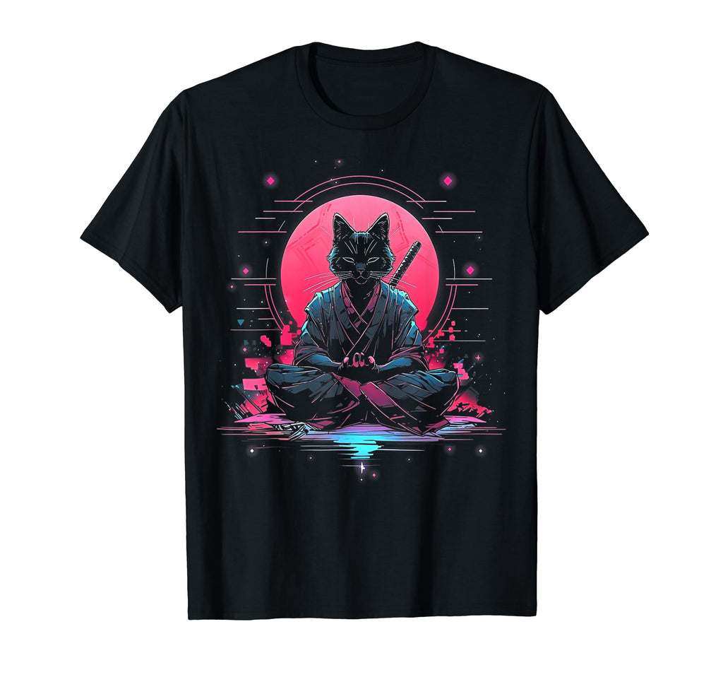 Synthwave Cat Samurai Mediation T-Shirt - Unique Graphic Men Women - T-Shirt, Sweatshirt, Hoodie