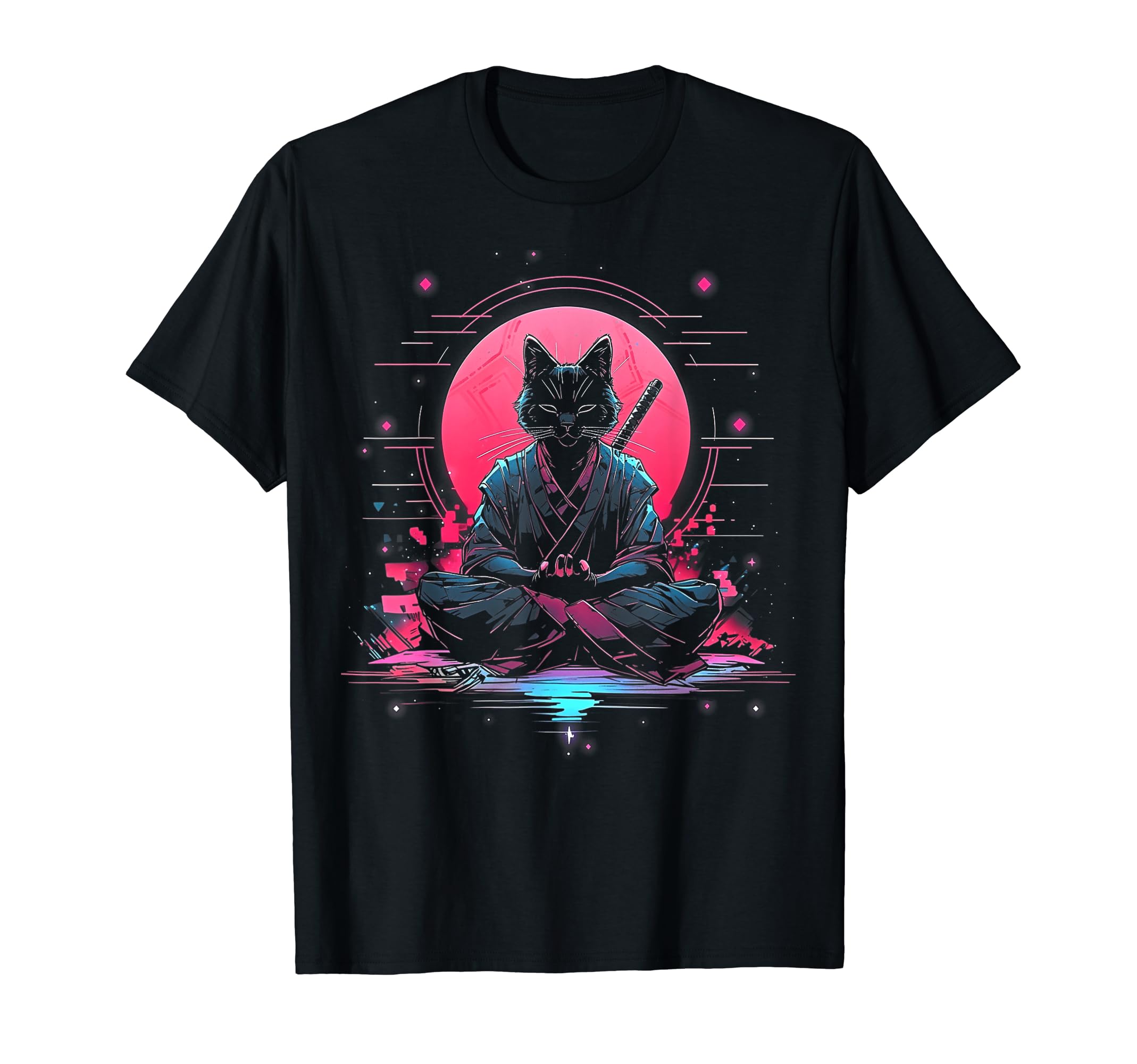Synthwave Cat Samurai Mediation T-Shirt - Unique Graphic Men Women - T-Shirt, Sweatshirt, Hoodie
