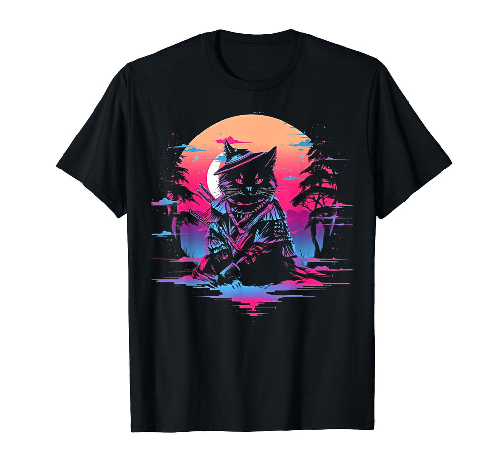 Synthwave Cat Samurai Mediation T-Shirt - Custom Art Print for Adults - T-Shirt, Sweatshirt, Hoodie