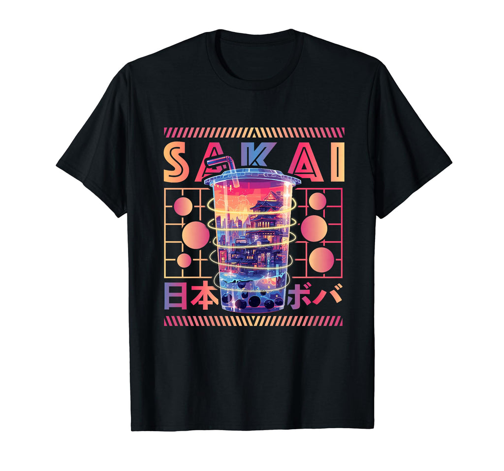 Sakai City 80S Synthwave Boba Tea Japan T-Shirt - Streetwear Style Unisex - T-Shirt, Sweatshirt, Hoodie
