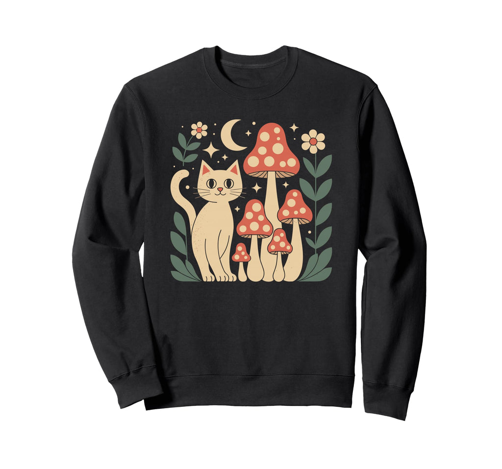 Mushroom Cat Under Moon 70S Aesthetic Sweatshirt - Streetwear Style Unisex - T-Shirt, Sweatshirt, Hoodie