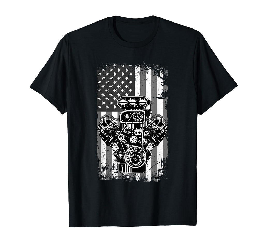 Muscle Car Piston American Flag Funny T-Shirt - Minimalist Print Unisex - T-Shirt, Sweatshirt, Hoodie