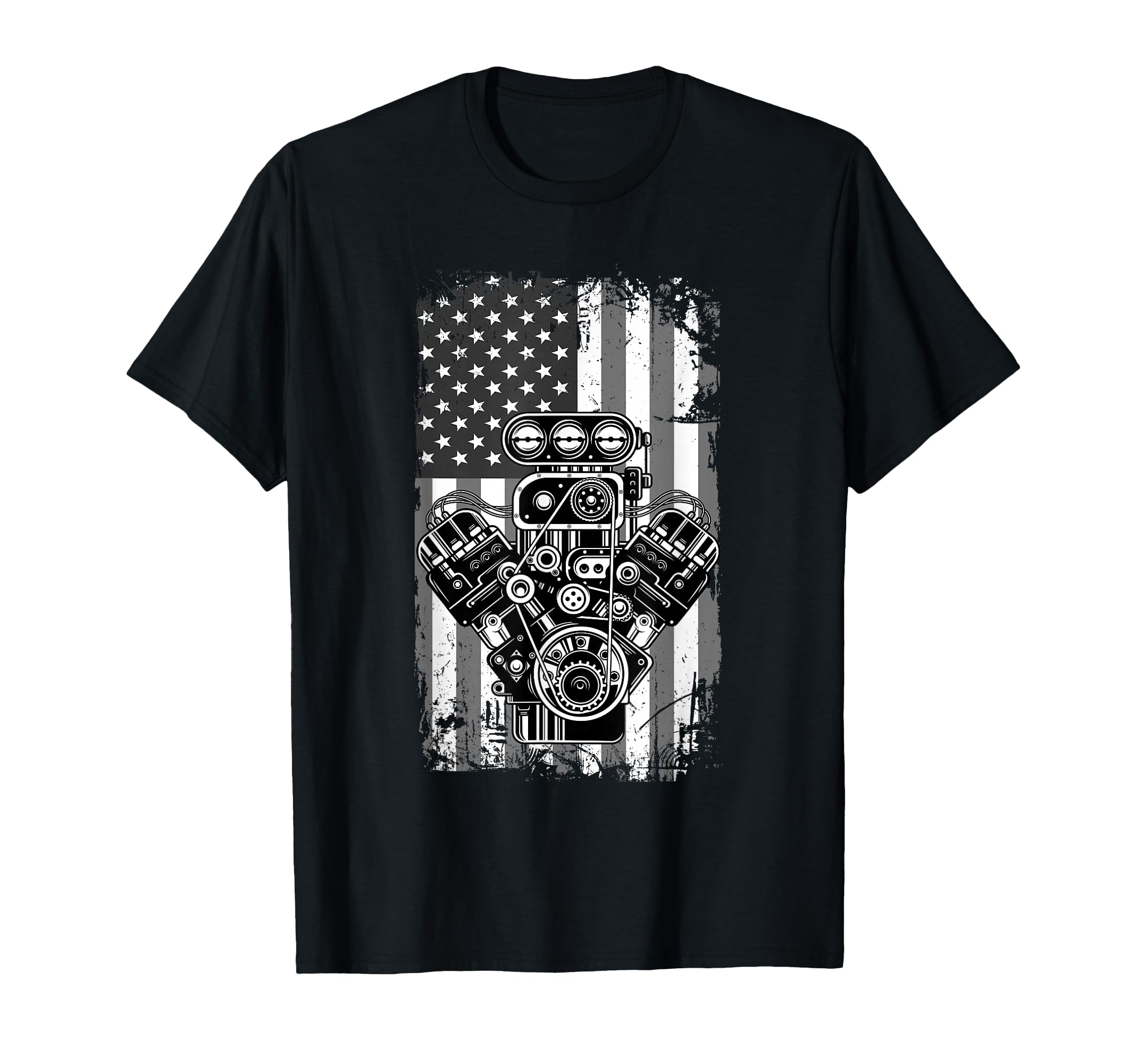 Muscle Car Piston American Flag Funny T-Shirt - Minimalist Print Unisex - T-Shirt, Sweatshirt, Hoodie