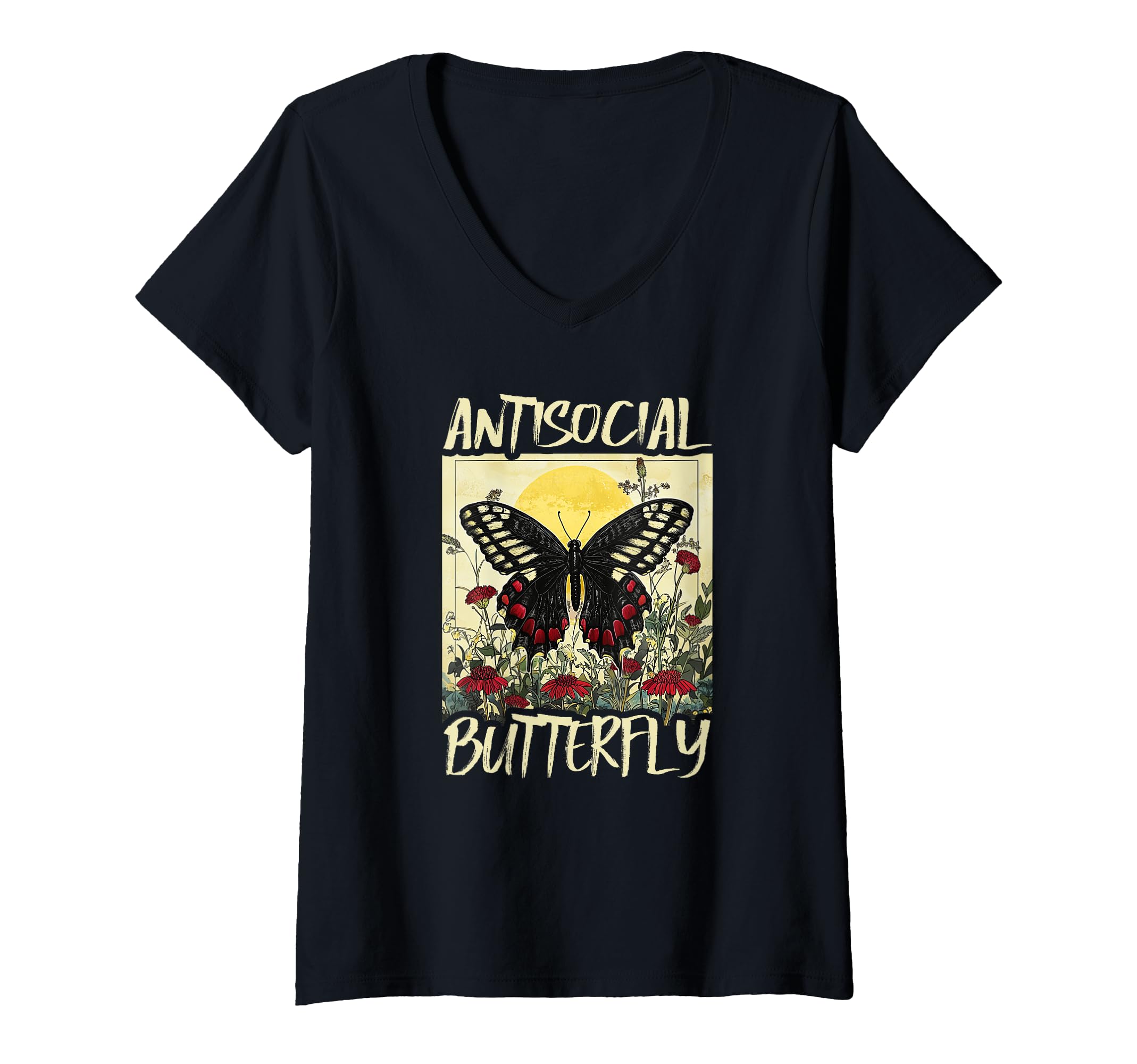 Womens Antisocial Butterfly V Neck T-Shirt - Minimalist Print Men Women - T-Shirt, Sweatshirt, Hoodie