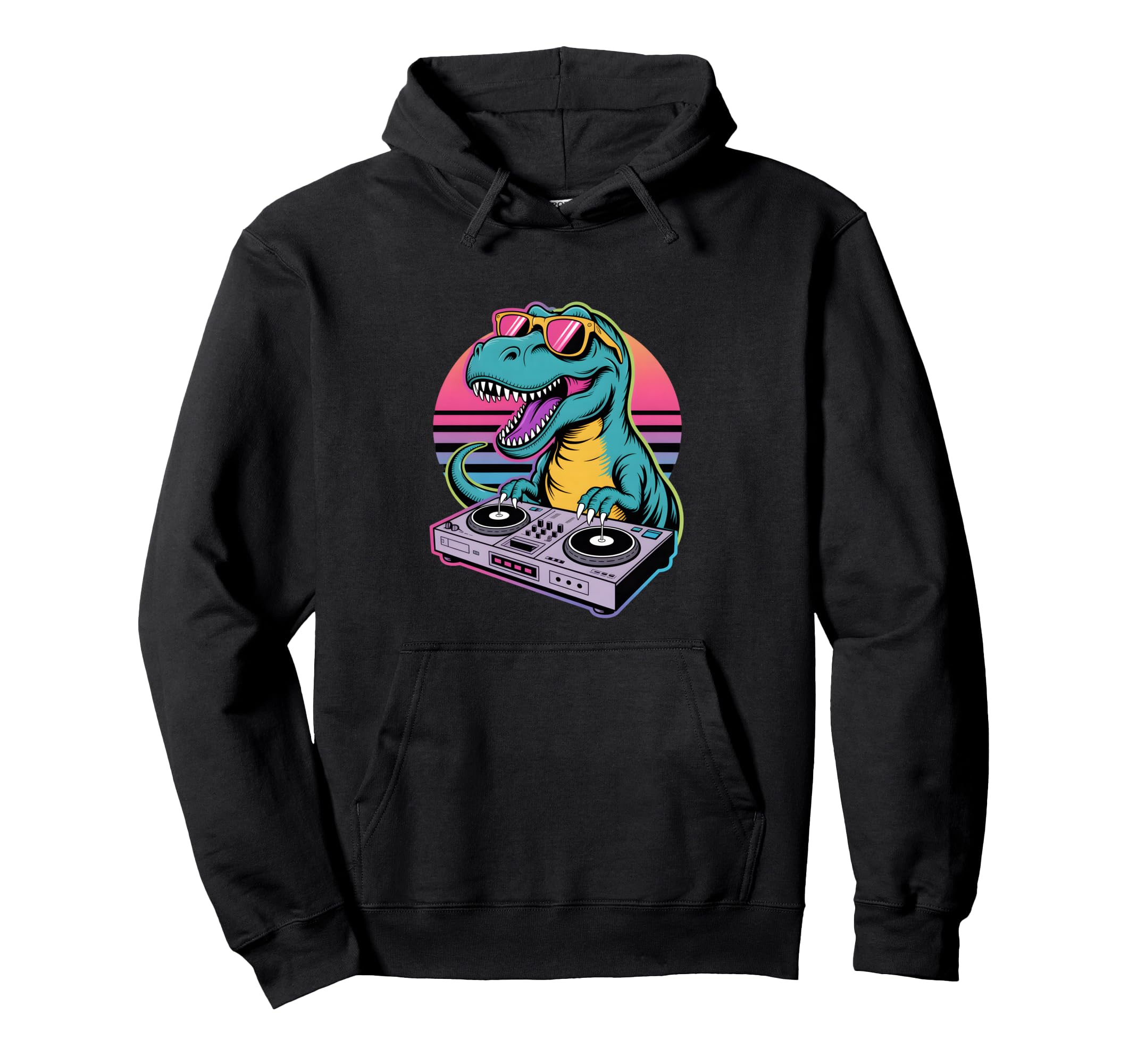 Funny Dj Dinosaur Turntable Synthwave Hoodie - Novelty Apparel Unisex - T-Shirt, Sweatshirt, Hoodie