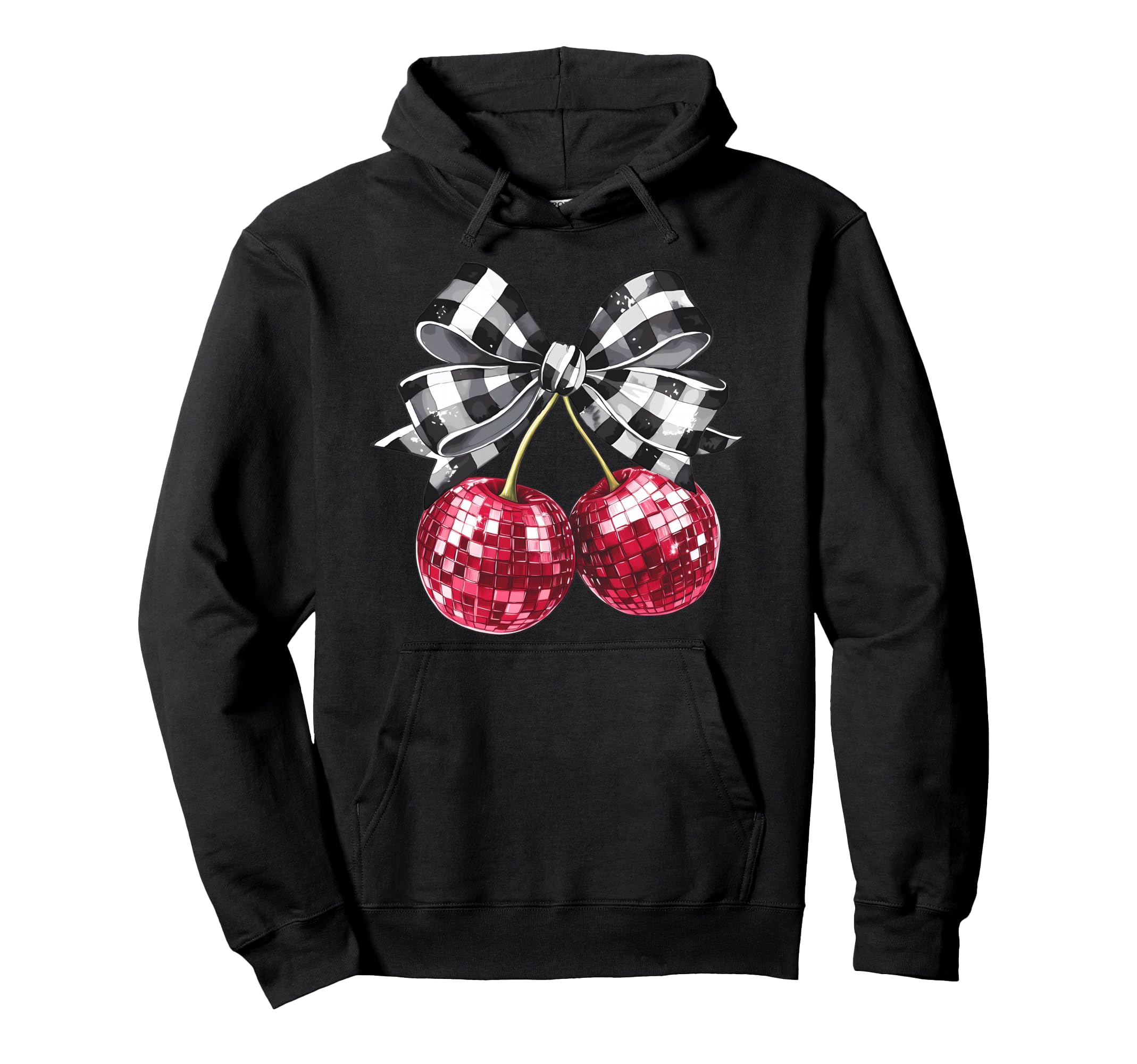 Disco Ball Checkered Coquette Bow Cherries Hoodie - Graphic Print Unisex - T-Shirt, Sweatshirt, Hoodie