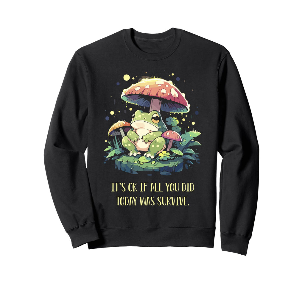 Whimsical Frog Sitting Mushroom Sweatshirt - Graphic Print Unisex - T-Shirt, Sweatshirt, Hoodie