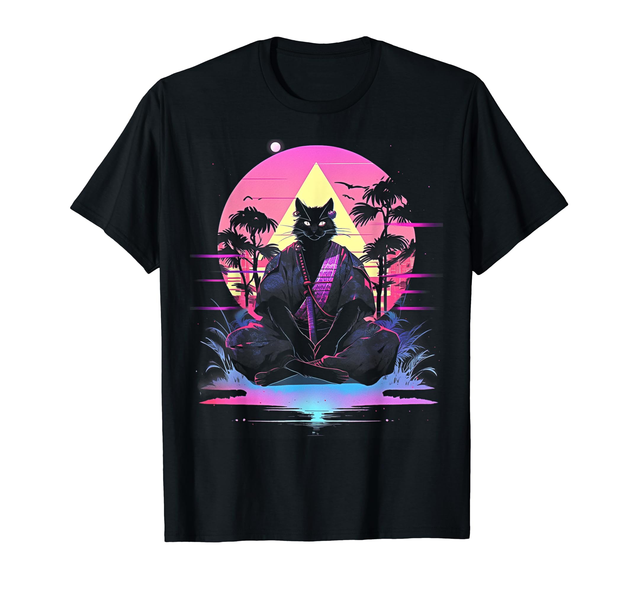 Synthwave Cat Samurai Mediation Vaporwave T-Shirt - Unique Graphic Unisex - T-Shirt, Sweatshirt, Hoodie