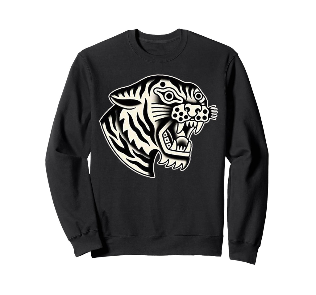 Traditional Tiger Head Blackwork Sweatshirt - Unique Graphic for Adults - T-Shirt, Sweatshirt, Hoodie