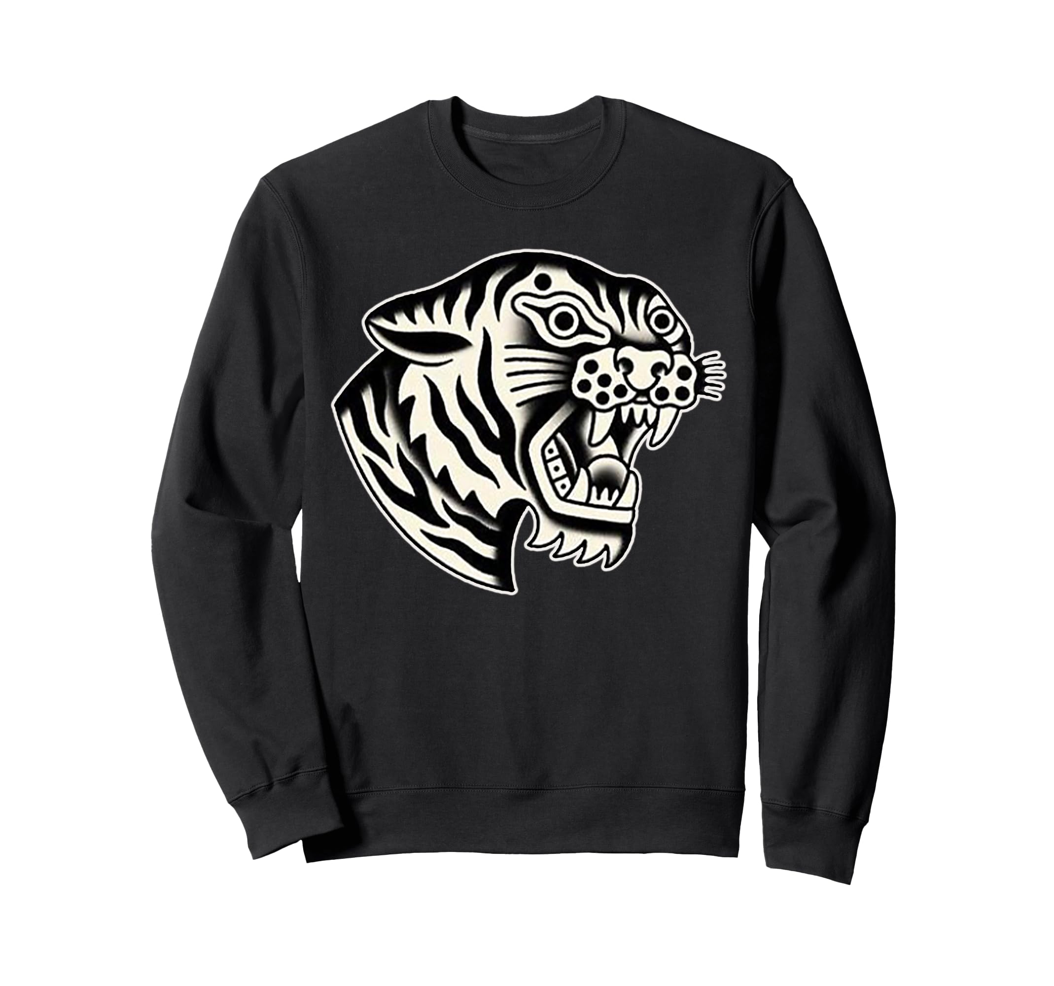 Traditional Tiger Head Blackwork Sweatshirt - Unique Graphic for Adults - T-Shirt, Sweatshirt, Hoodie