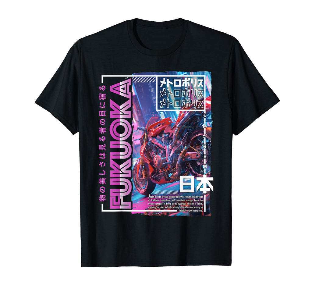 Fukuoka City 80S Synthwave Motorcycle T-Shirt - Minimalist Print Unisex - T-Shirt, Sweatshirt, Hoodie