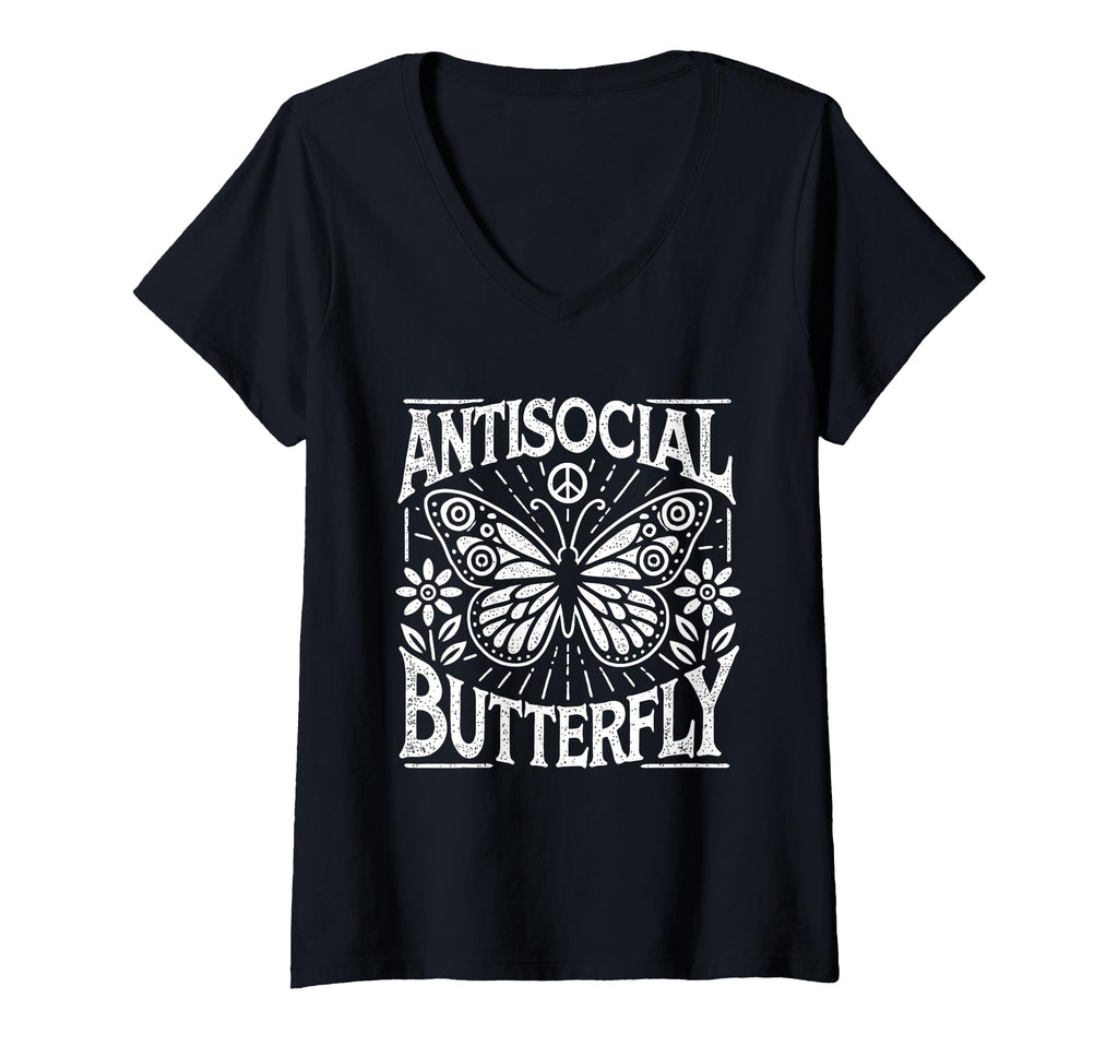 Womens Antisocial Butterfly V Neck T-Shirt - Custom Art Print Unisex - T-Shirt, Sweatshirt, Hoodie