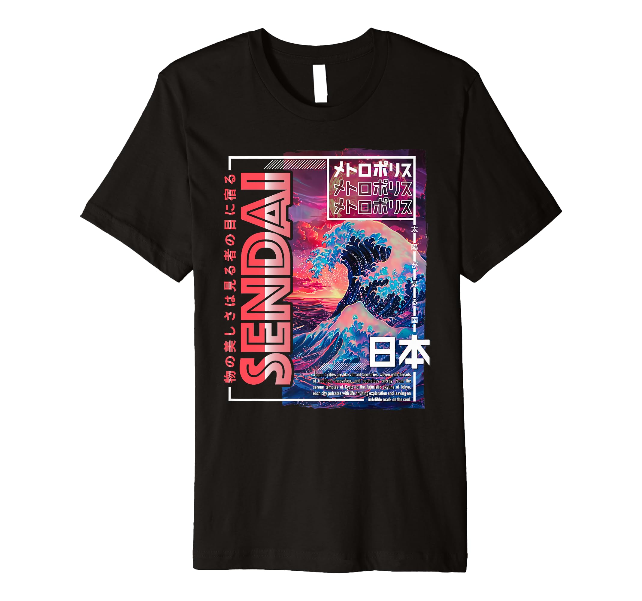 Sendai City 80S Synthwave Kanagawa Wave T-Shirt - Graphic Print Men Women - T-Shirt, Sweatshirt, Hoodie