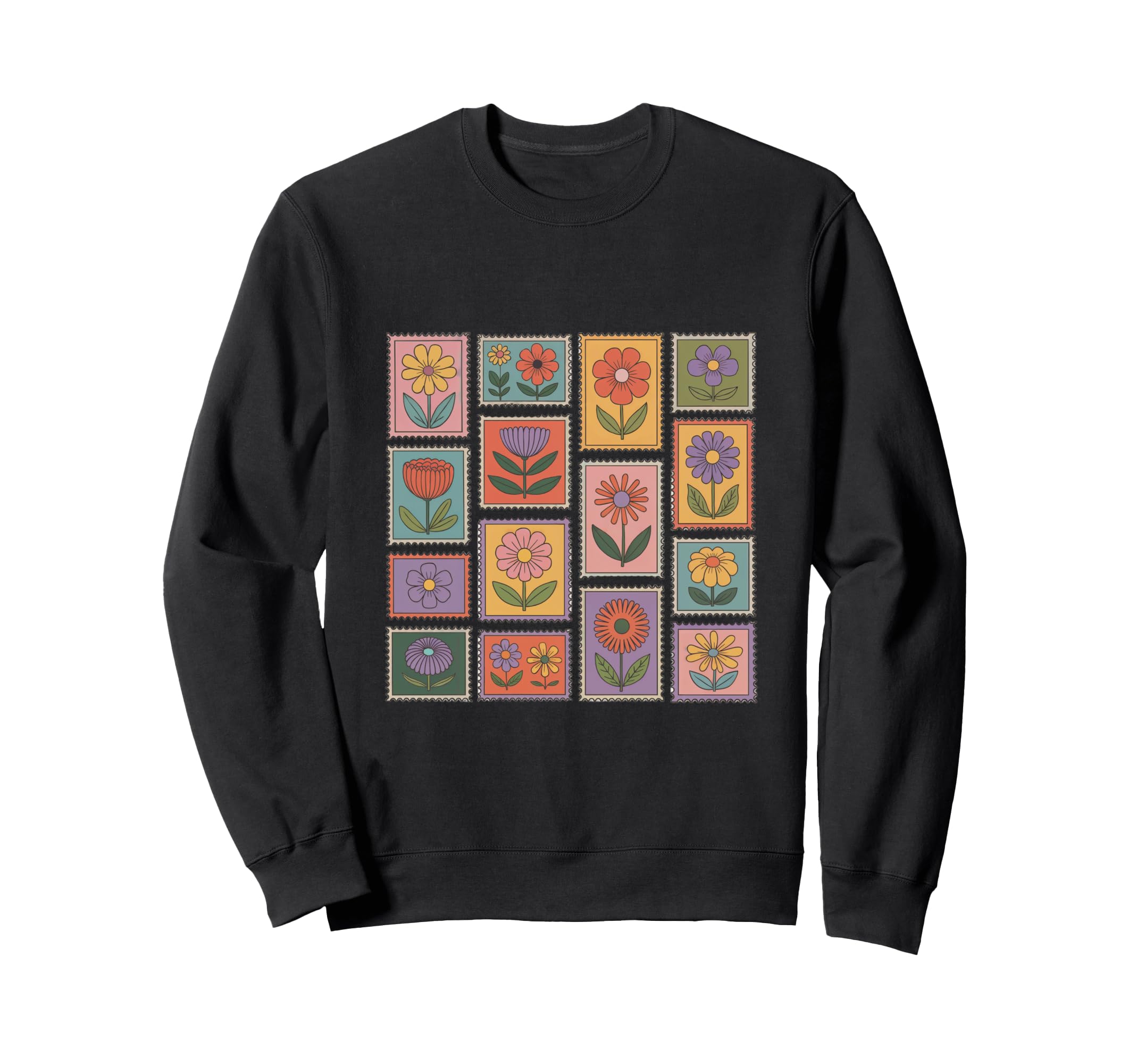 Postage Stamp Boho Flowers Floral Sweatshirt - Graphic Print for Adults - T-Shirt, Sweatshirt, Hoodie
