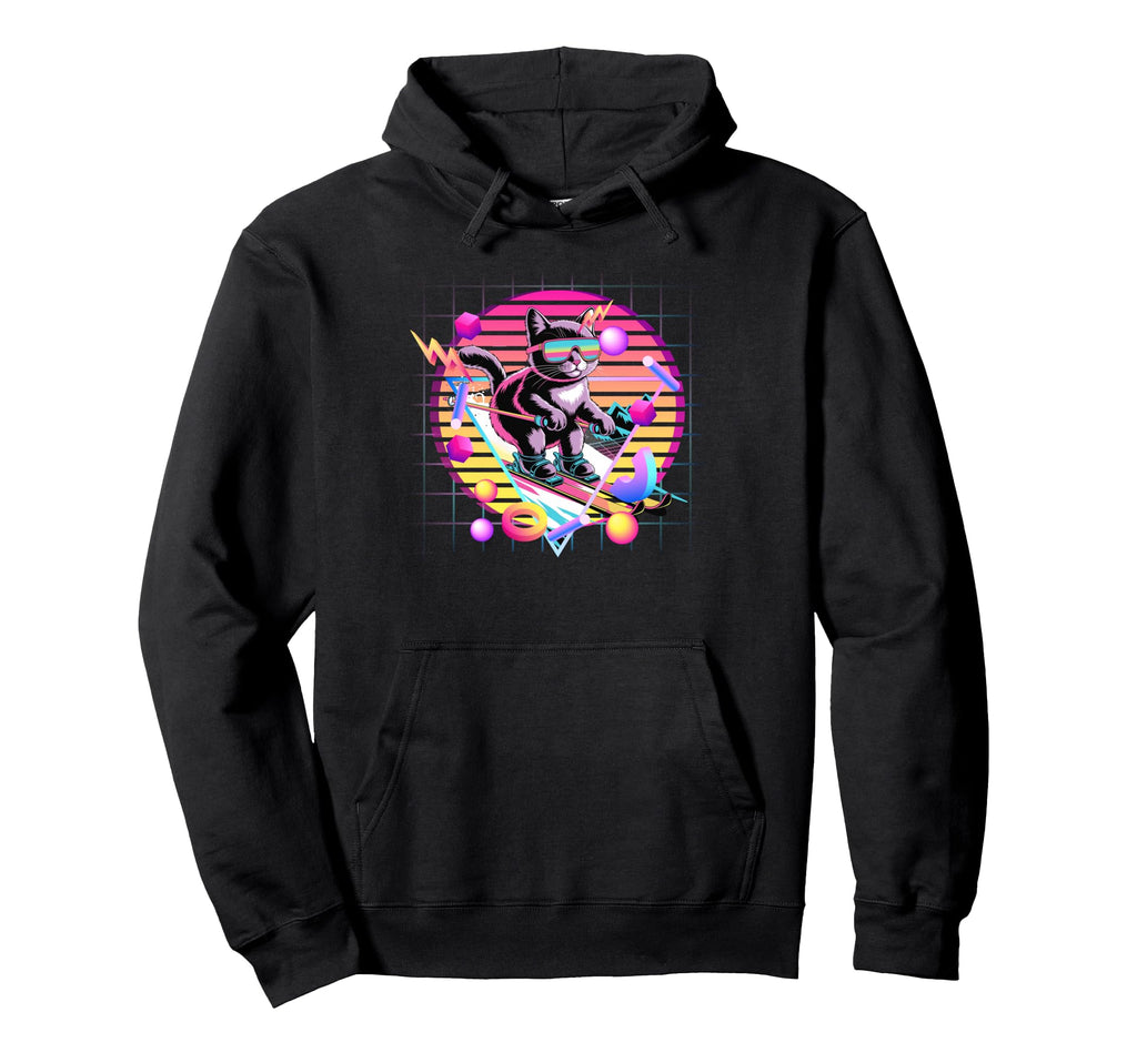 Ski Cat 80S Synthwave Feline Skier Winter Hoodie - Novelty Apparel Unisex - T-Shirt, Sweatshirt, Hoodie