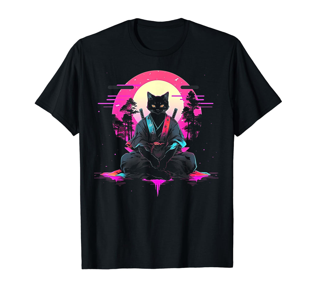 Synthwave Cat Samurai Mediation T-Shirt - Novelty Apparel Men Women - T-Shirt, Sweatshirt, Hoodie