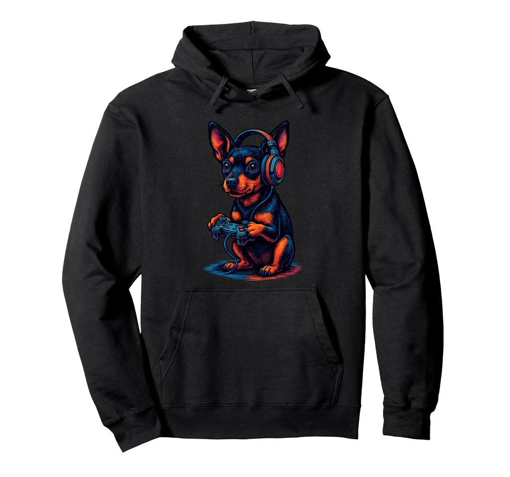 Miniature Pinscher Gamer Gaming Dog Hoodie - Custom Art Print Men Women - T-Shirt, Sweatshirt, Hoodie