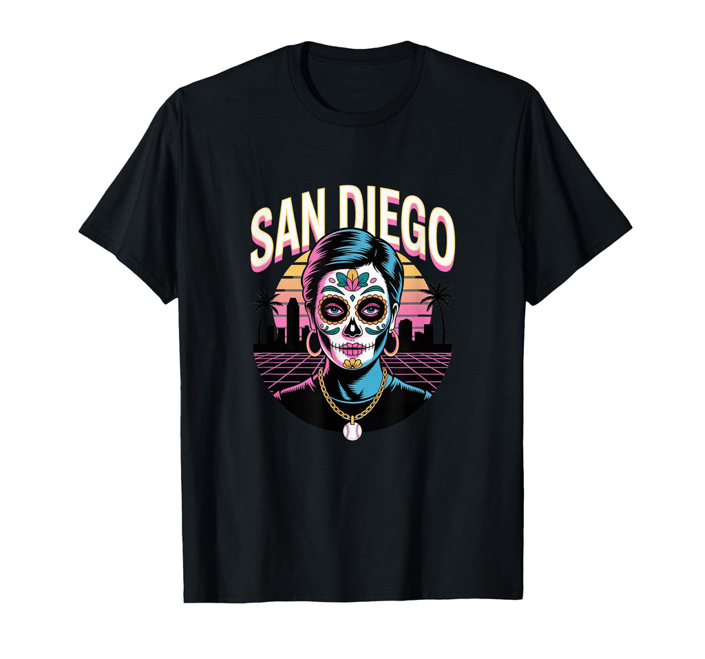 San Diego Sugar Skull Synthwave T-Shirt - Aesthetic Graphic Unisex - T-Shirt, Sweatshirt, Hoodie
