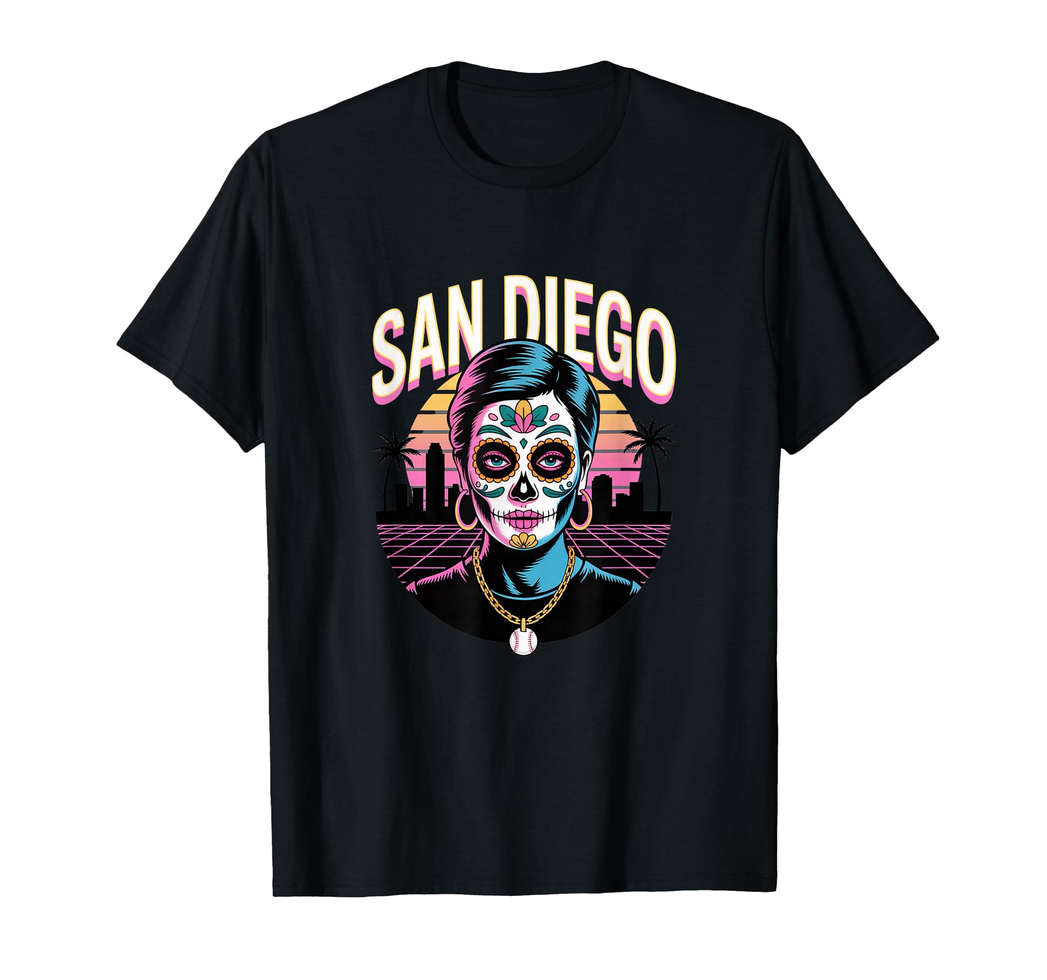 San Diego Sugar Skull Synthwave T-Shirt - Aesthetic Graphic Unisex - T-Shirt, Sweatshirt, Hoodie