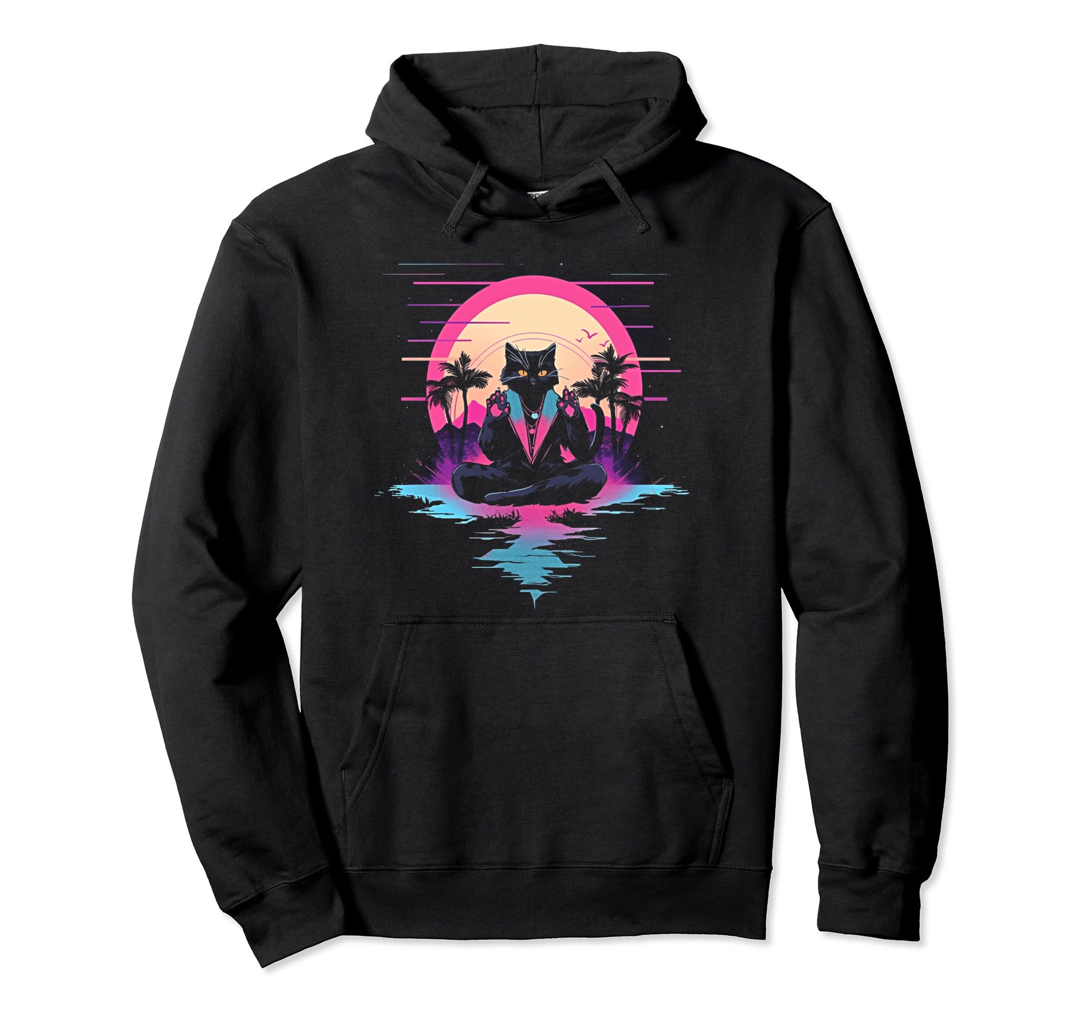 Synthwave Cat Samurai Mediation Hoodie - Aesthetic Graphic for Adults - T-Shirt, Sweatshirt, Hoodie