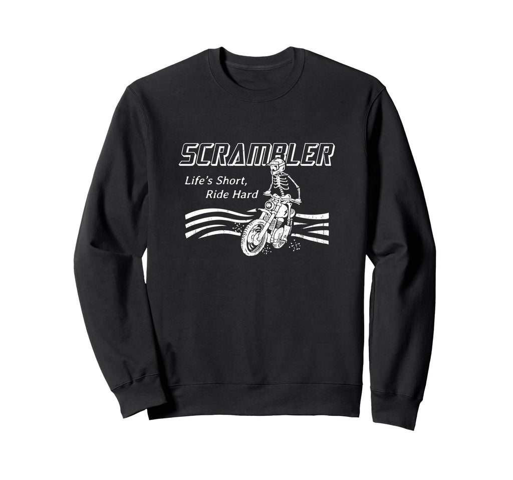 Scrambler Motorcycle Skeleton Rider Sweatshirt - Minimalist Print Unisex - T-Shirt, Sweatshirt, Hoodie