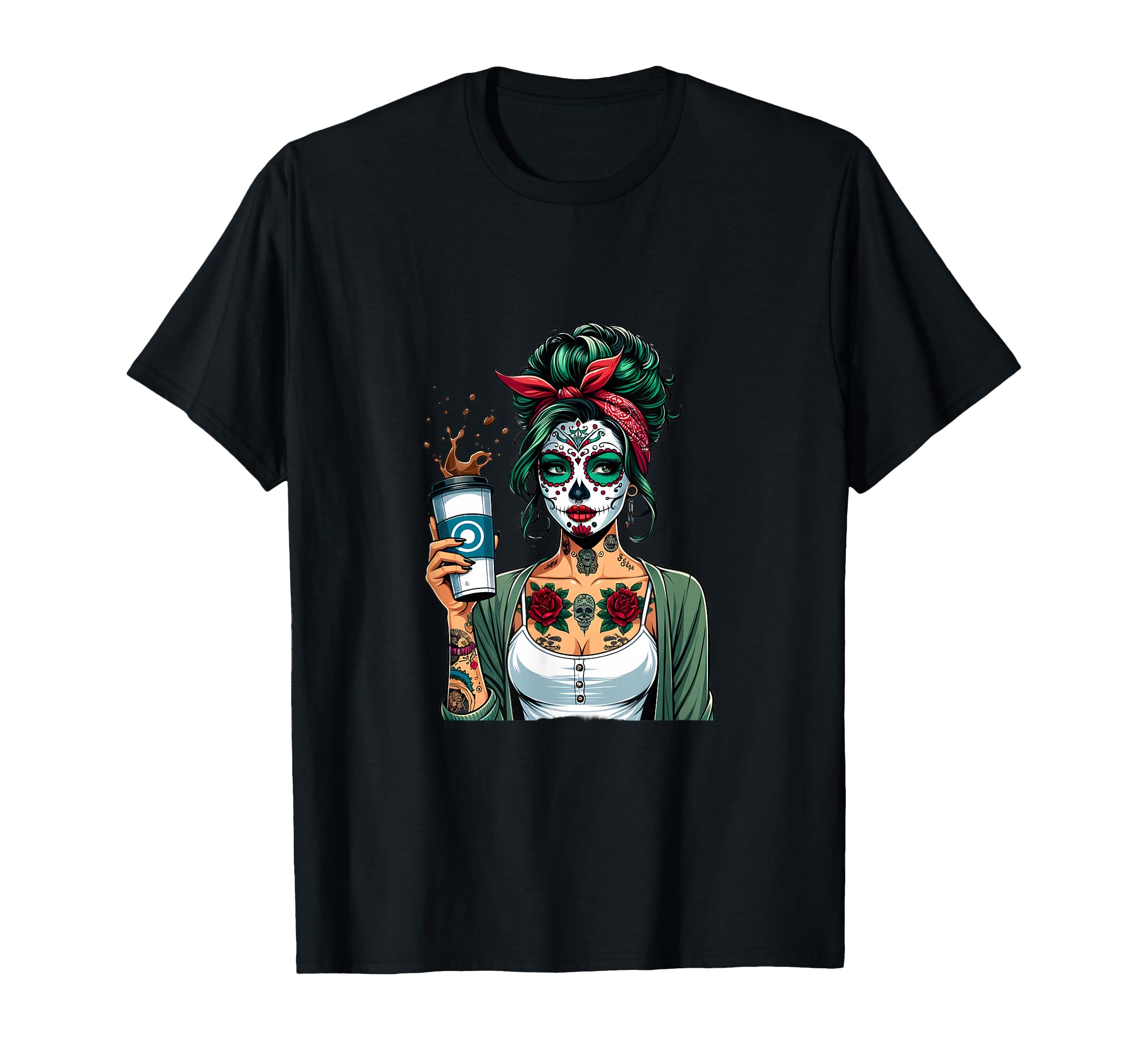 Diva Coffee Skull Make Up Pin Up T-Shirt - Streetwear Style for Adults - T-Shirt, Sweatshirt, Hoodie