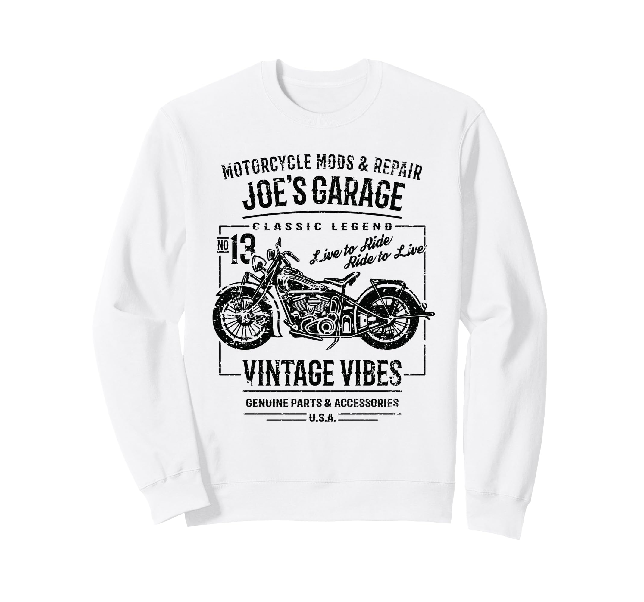 Joes Garage Motorcycle Name Sweatshirt - Casual Everyday Wear for Adults - T-Shirt, Sweatshirt, Hoodie