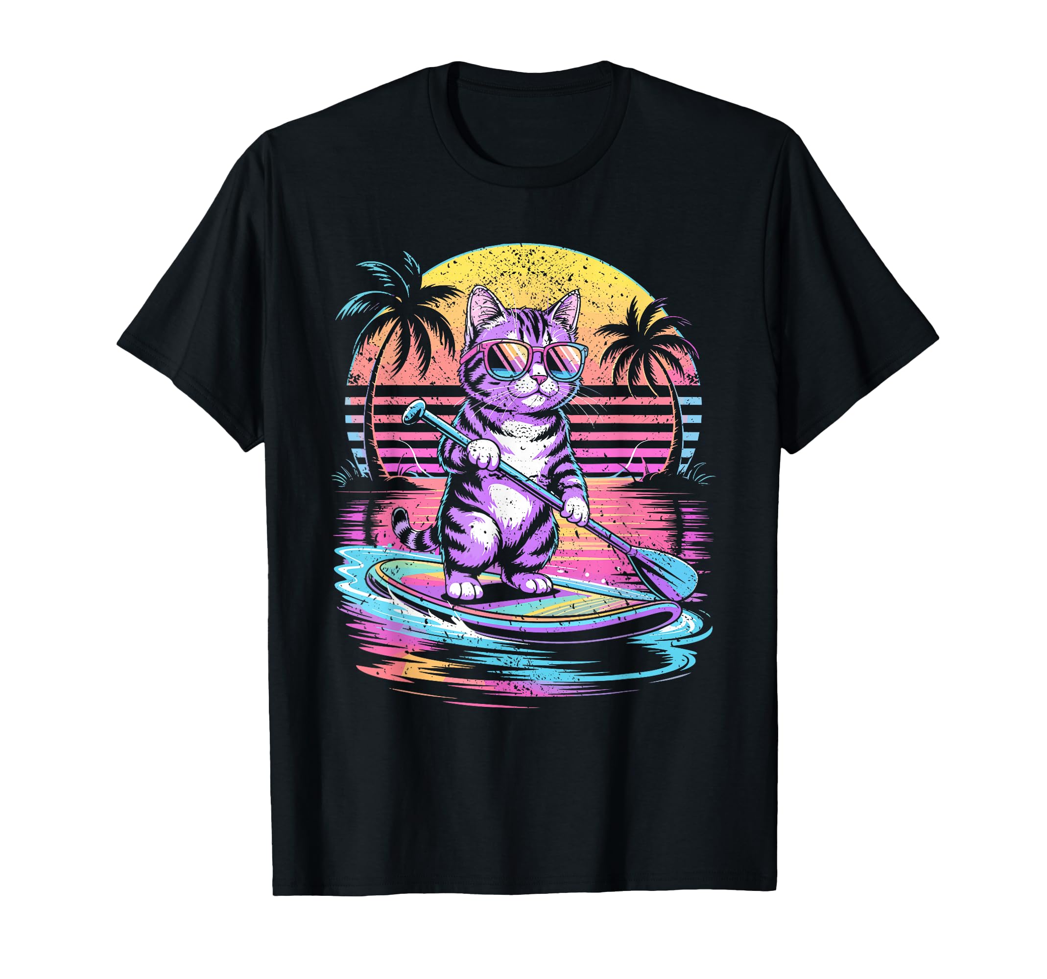 Cat Paddleboarding Sunset 80S Synthwave T-Shirt - Aesthetic Graphic Unisex - T-Shirt, Sweatshirt, Hoodie