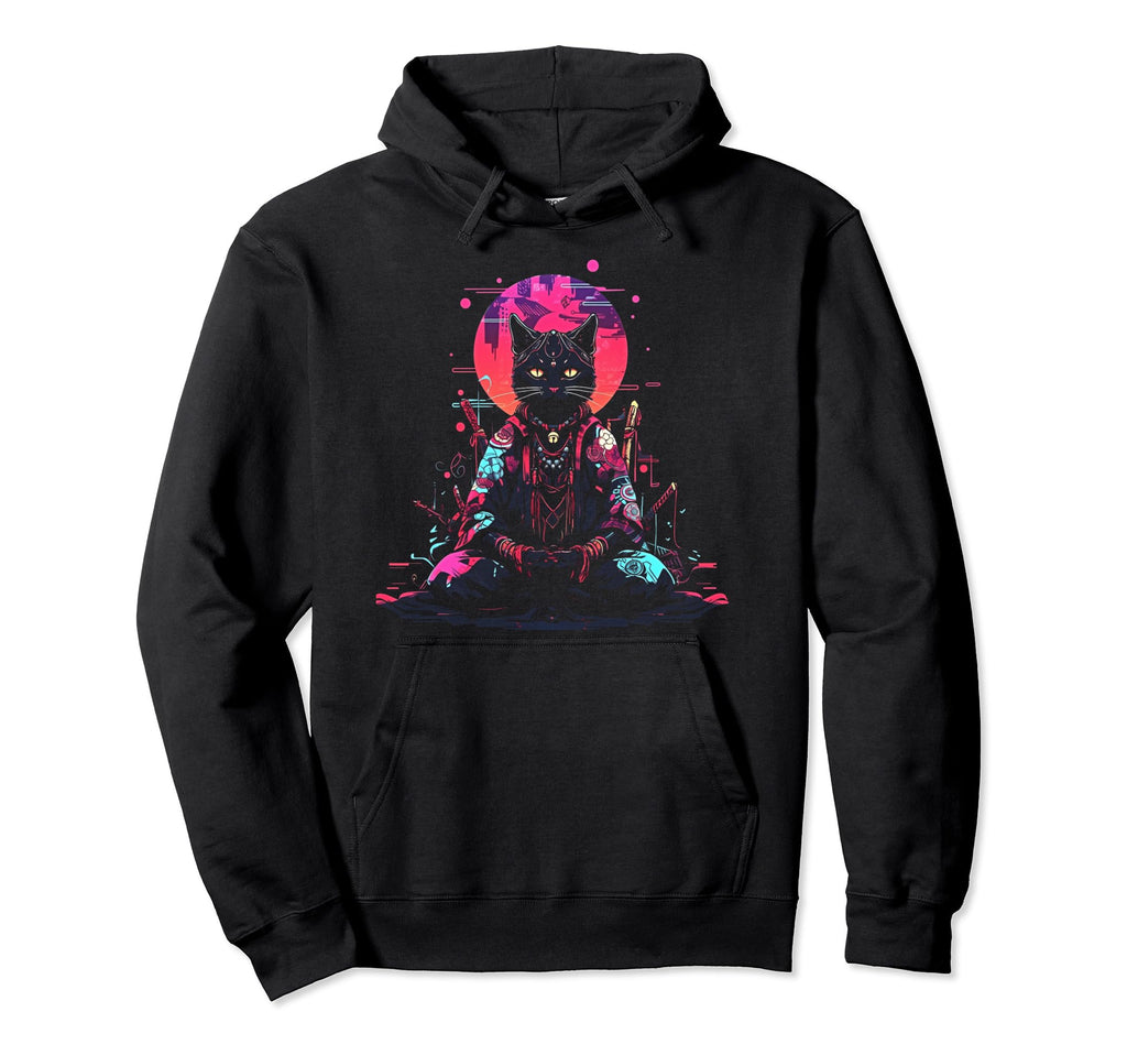 Synthwave Cat Samurai Mediation Hoodie - Minimalist Print for Adults - T-Shirt, Sweatshirt, Hoodie