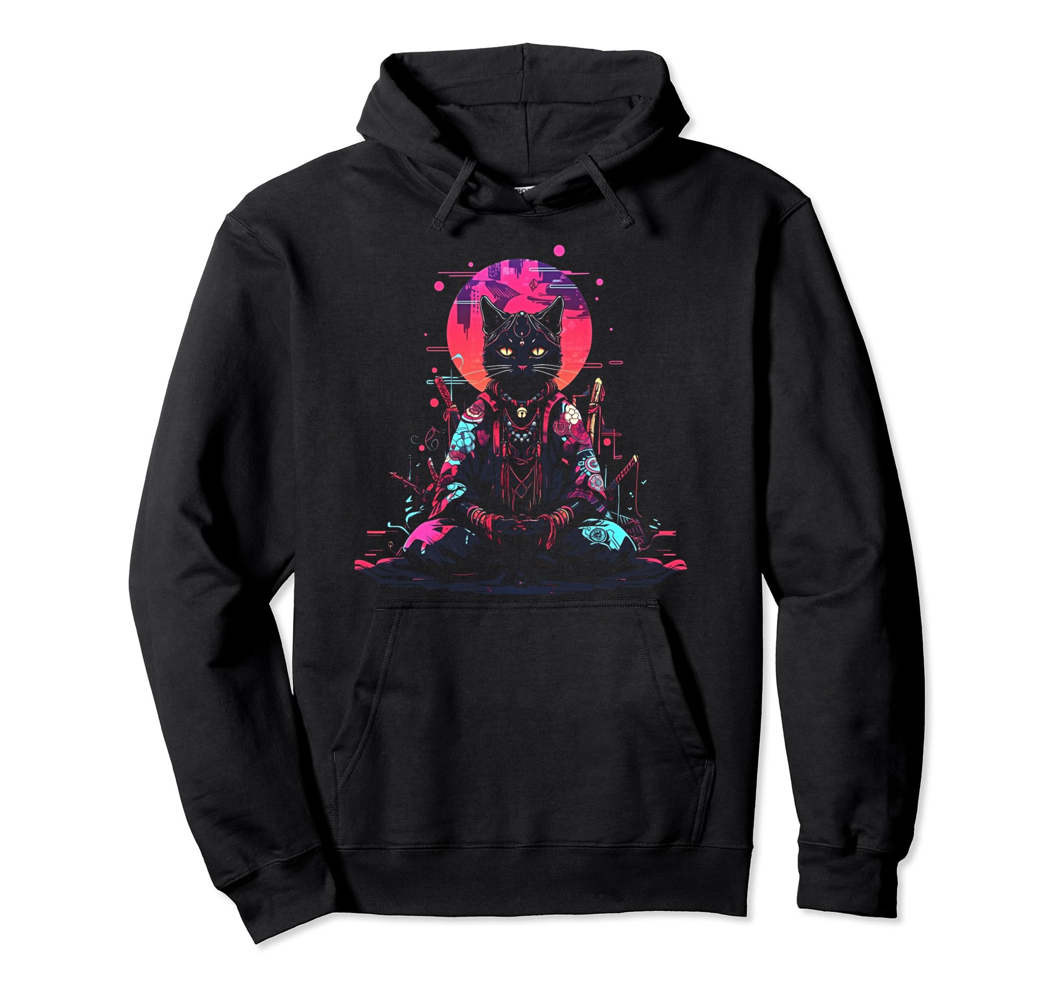 Synthwave Cat Samurai Mediation Hoodie - Minimalist Print for Adults - T-Shirt, Sweatshirt, Hoodie