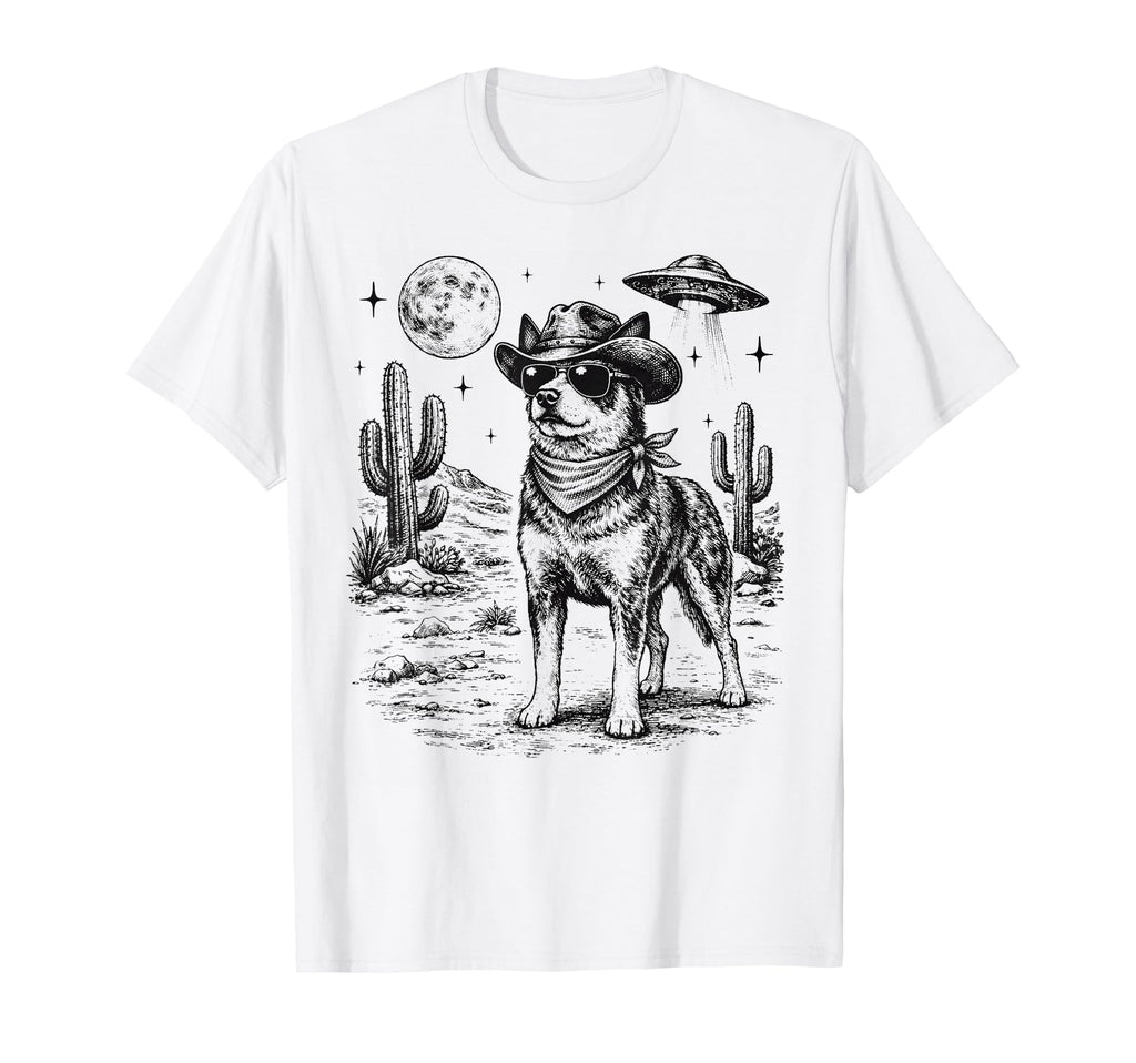 Cowboy Dog Funny Australian Cattle Ufo Art T-Shirt - Trendy Graphic Unisex - T-Shirt, Sweatshirt, Hoodie