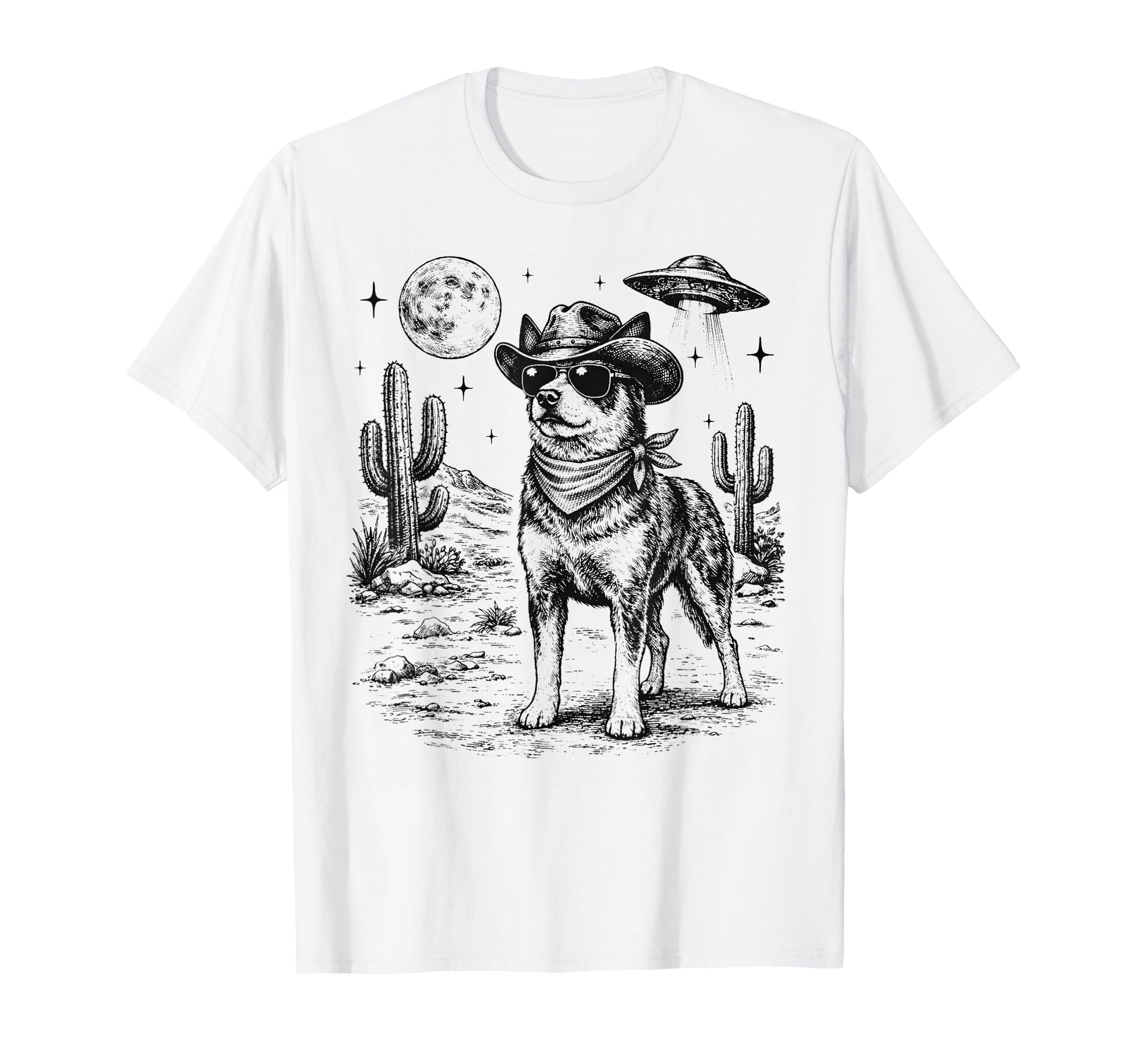 Cowboy Dog Funny Australian Cattle Ufo Art T-Shirt - Trendy Graphic Unisex - T-Shirt, Sweatshirt, Hoodie