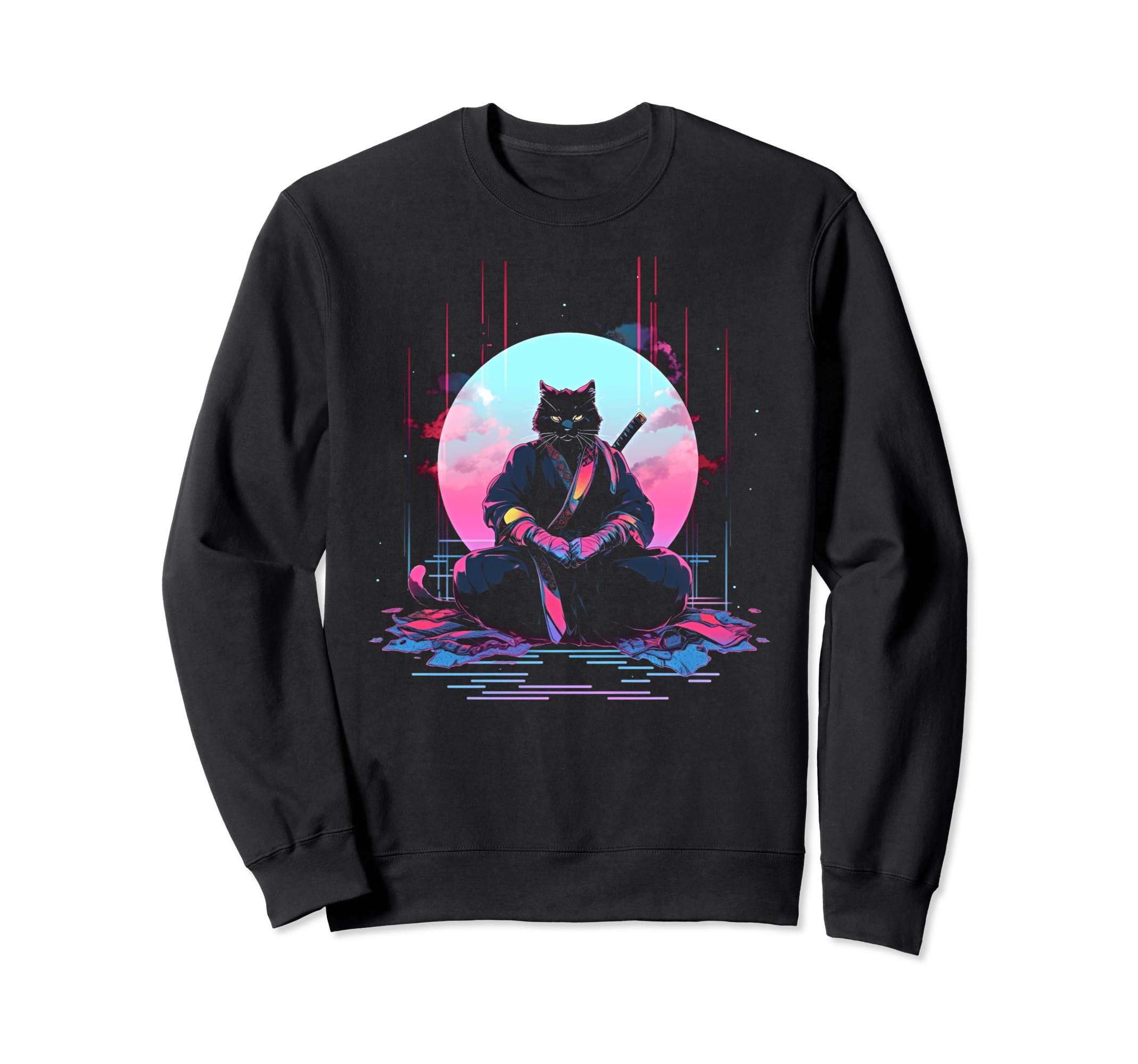 Synthwave Cat Samurai Mediation Sweatshirt - Custom Art Print for Adults - T-Shirt, Sweatshirt, Hoodie