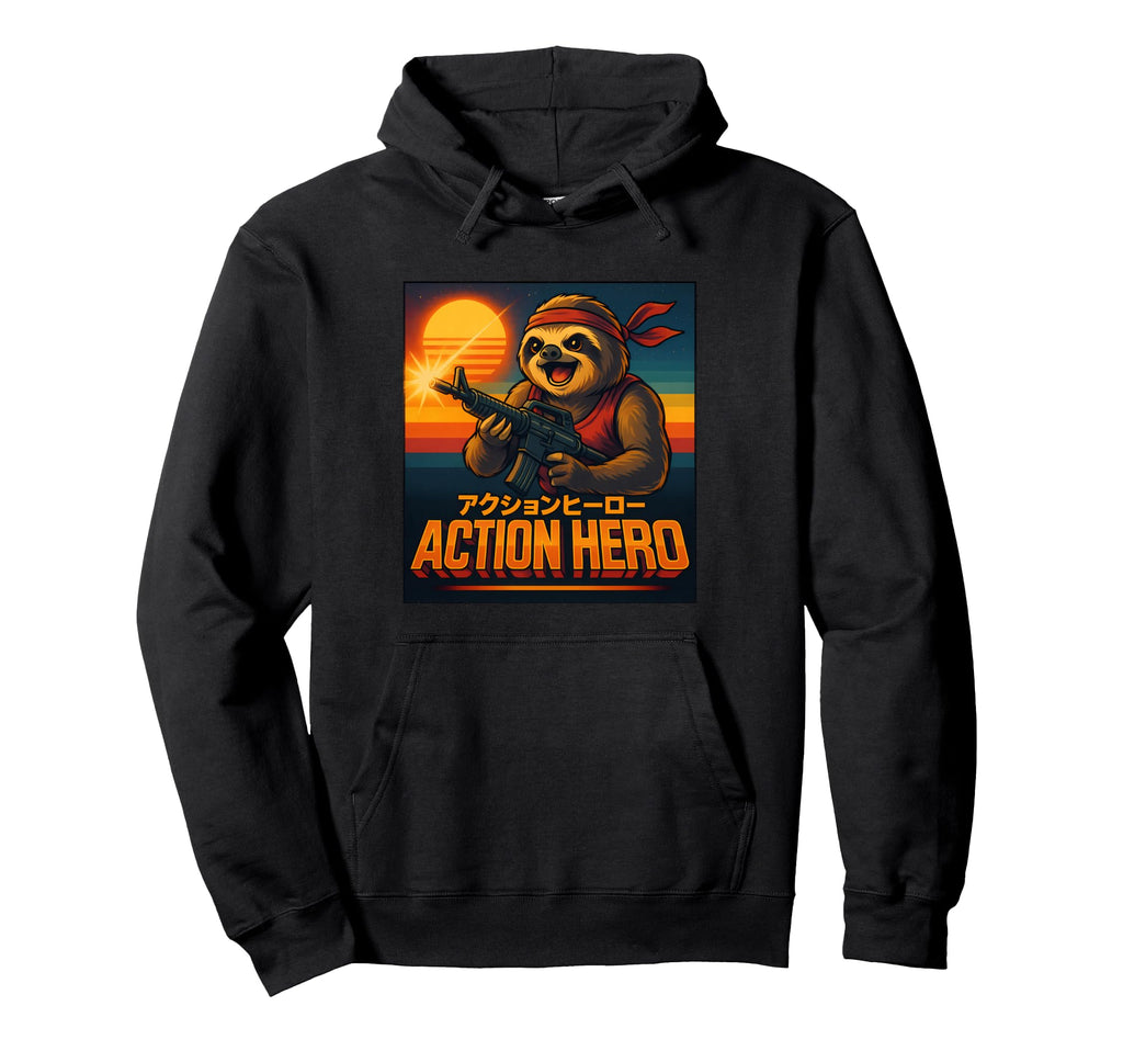 Action Hero Sloth Warrior 80S Synthwave Hoodie - Graphic Print Unisex - T-Shirt, Sweatshirt, Hoodie