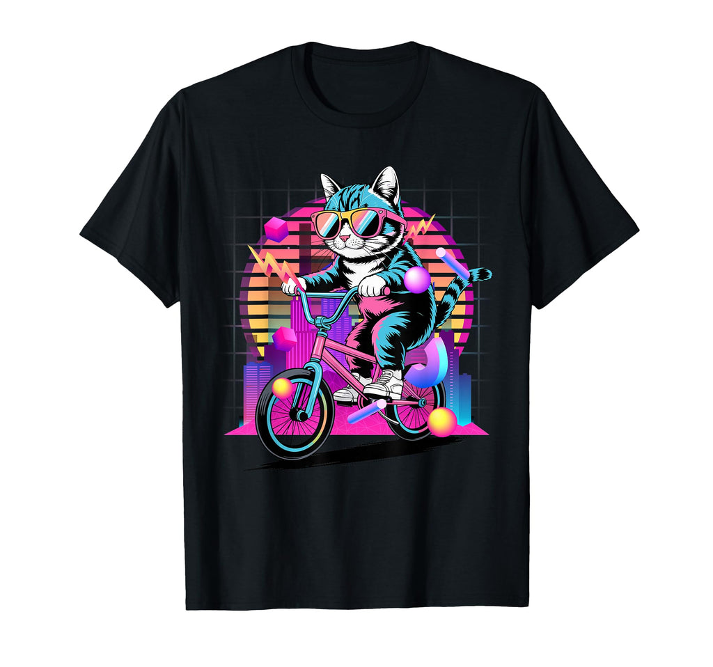 Cat Riding Bmx Bike 80S Synthwave T-Shirt - Fun Novelty Design Men Women - T-Shirt, Sweatshirt, Hoodie