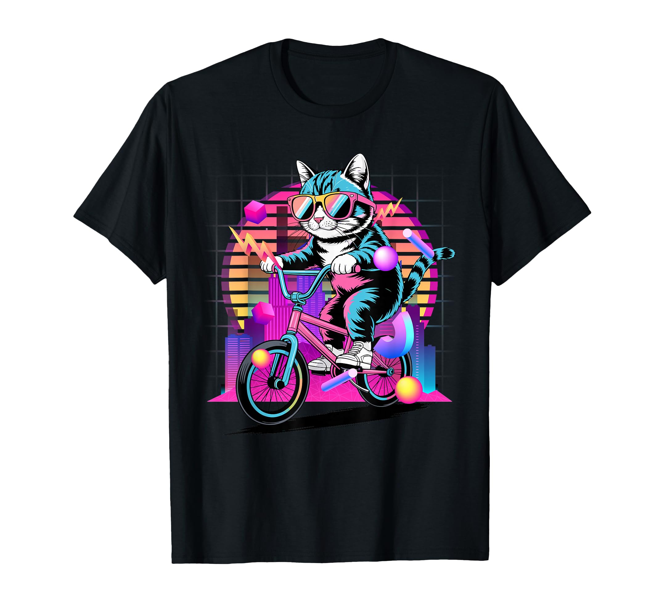 Cat Riding Bmx Bike 80S Synthwave T-Shirt - Fun Novelty Design Men Women - T-Shirt, Sweatshirt, Hoodie