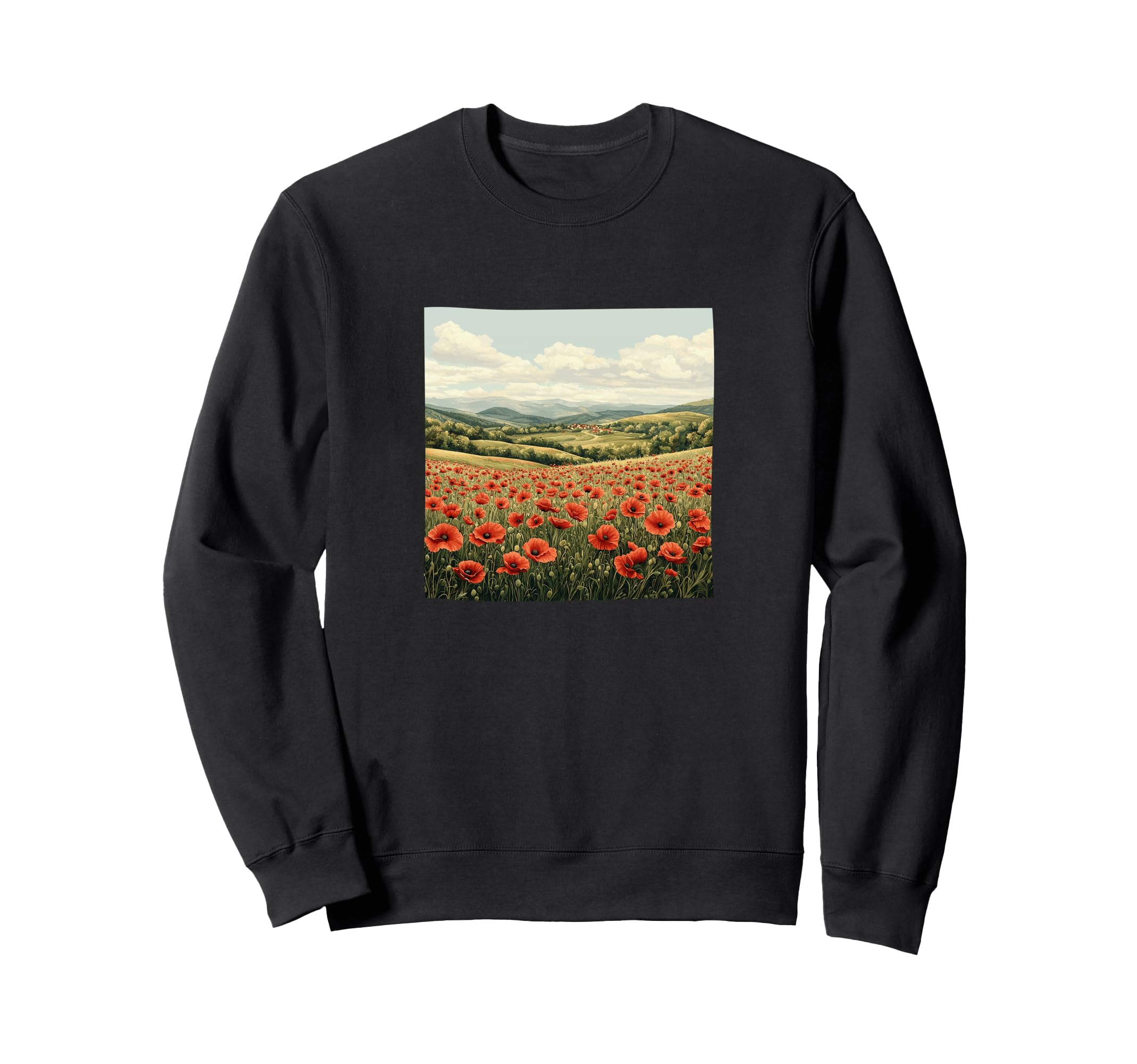 Countryside Poppies Landscape Sweatshirt - Minimalist Print Unisex - T-Shirt, Sweatshirt, Hoodie