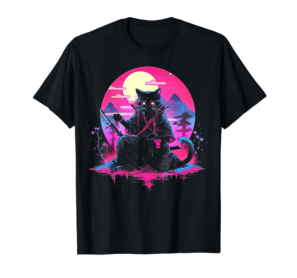 Synthwave Cat Samurai Mediation T-Shirt - Aesthetic Graphic Men Women - T-Shirt, Sweatshirt, Hoodie