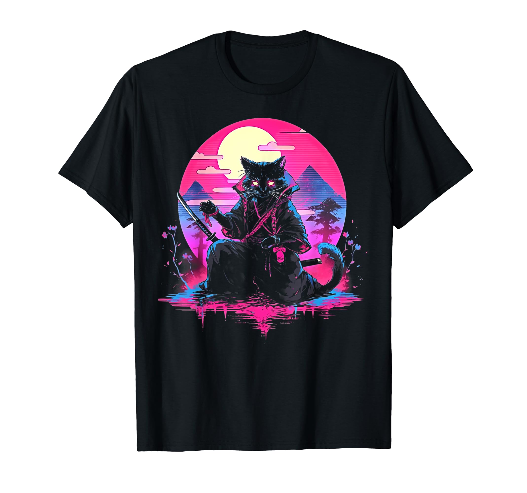Synthwave Cat Samurai Mediation T-Shirt - Aesthetic Graphic Men Women - T-Shirt, Sweatshirt, Hoodie