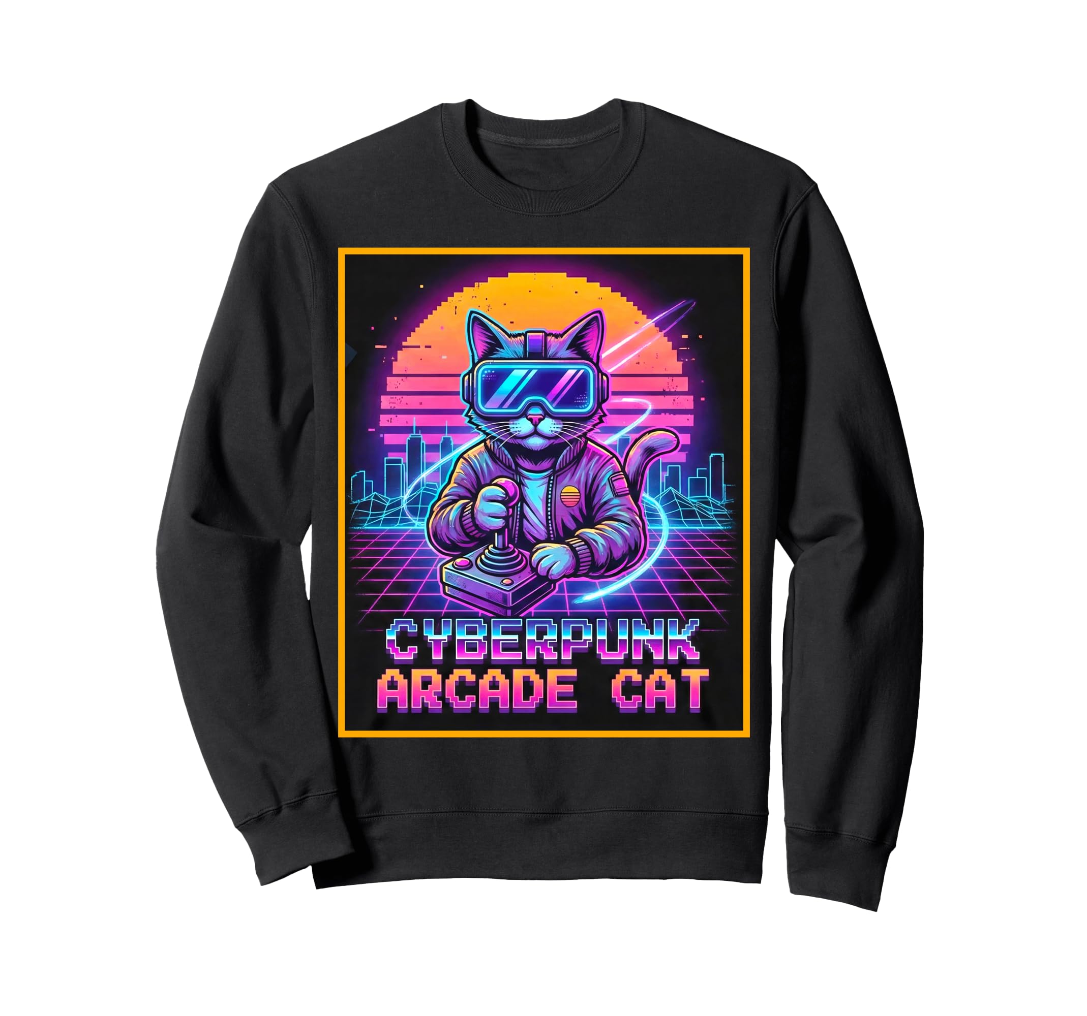 Cyberpunk Arcade Cat Synthwave Gamer Sweatshirt - Graphic Print Unisex - T-Shirt, Sweatshirt, Hoodie