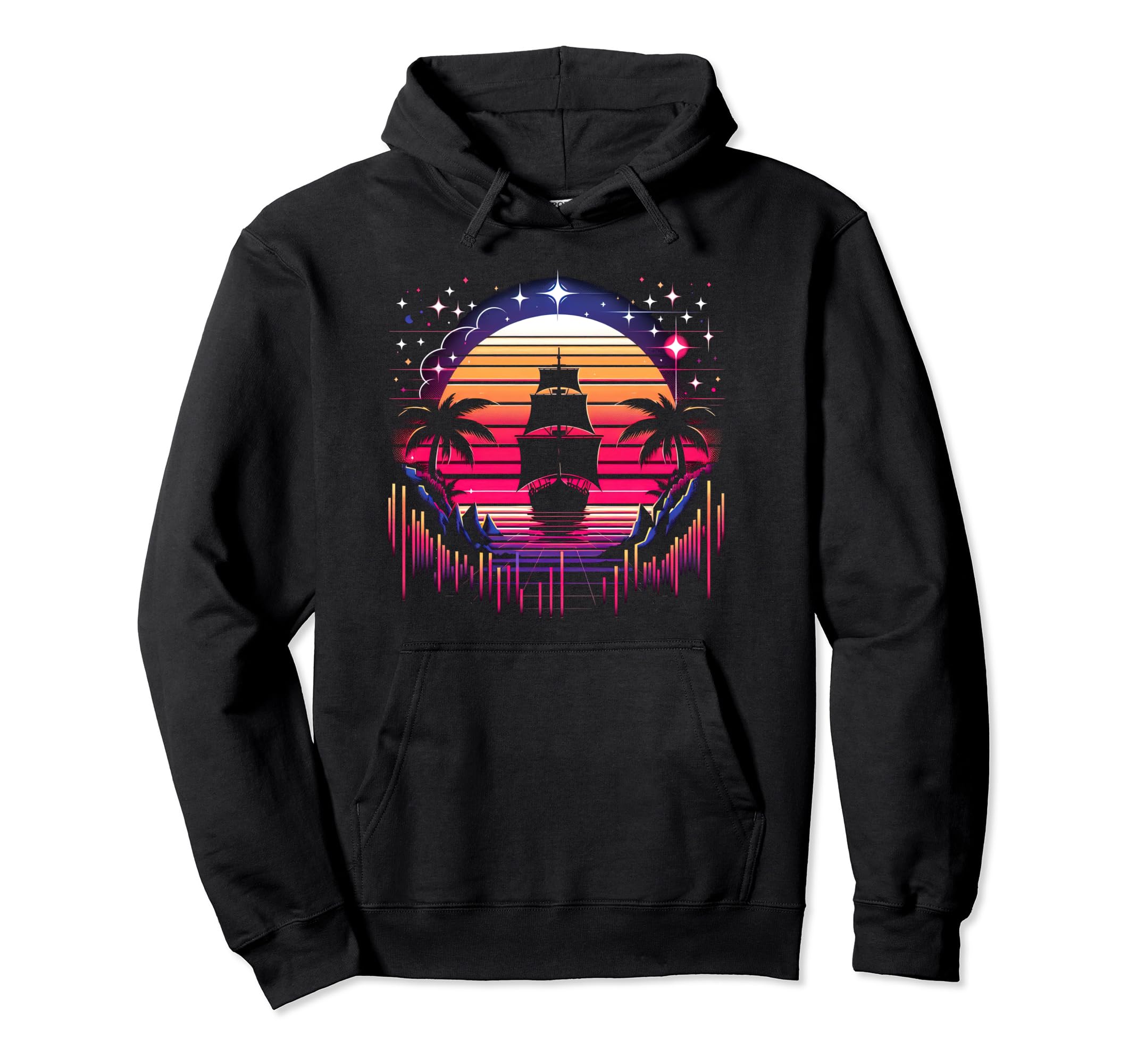 Synthwave Pirate Ship Retrowave Sunset Hoodie - Novelty Apparel Unisex - T-Shirt, Sweatshirt, Hoodie
