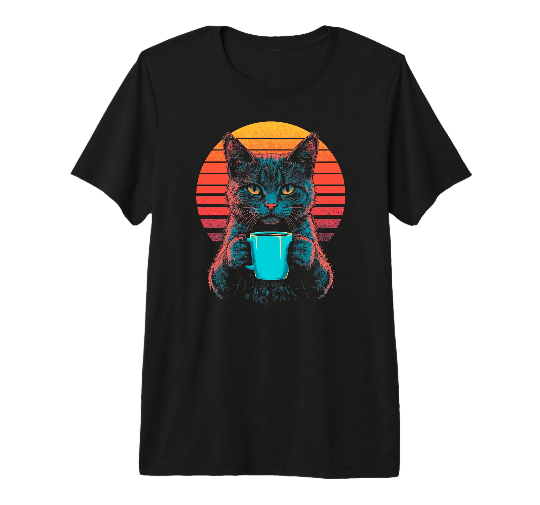 Cat Drinking Coffee Synthwave T-Shirt - Custom Art Print for Adults - T-Shirt, Sweatshirt, Hoodie